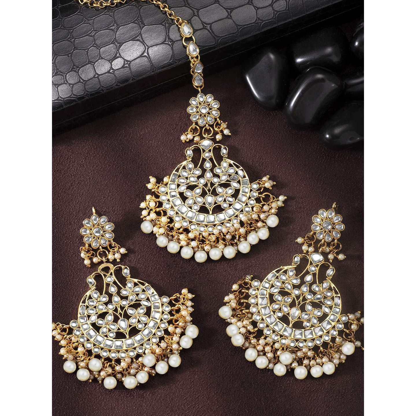 Peora Gold Plated Bridal Kundan Blue Faux Beads Earring Maang Tikka Set Indian Traditional Jewellery for Women Girls