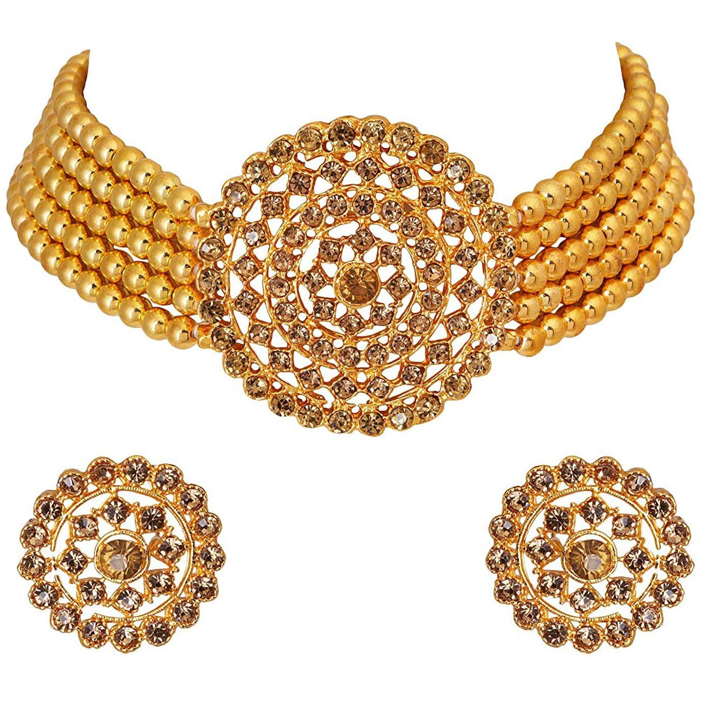 Peora Gold Plated Brass Pearl Diamond Choker Necklace with Round Earrings Traditional Jewellery Set for Womens