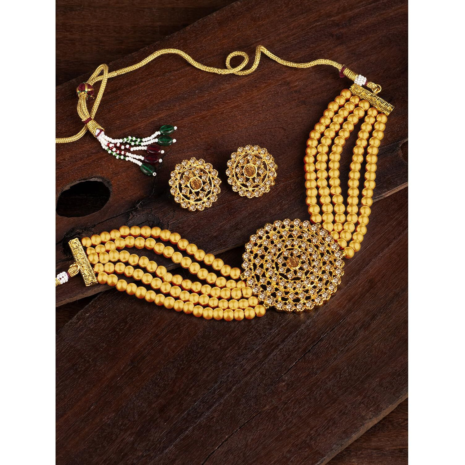 Peora Gold Plated Brass Pearl Diamond Choker Necklace with Round Earrings Traditional Jewellery Set for Womens