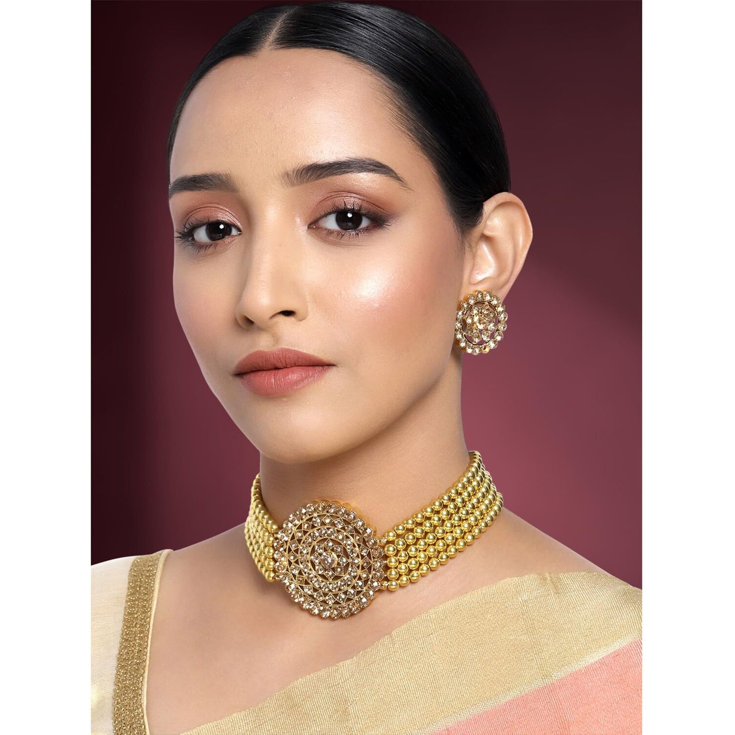 Peora Gold Plated Brass Pearl Diamond Choker Necklace with Round Earrings Traditional Jewellery Set for Womens