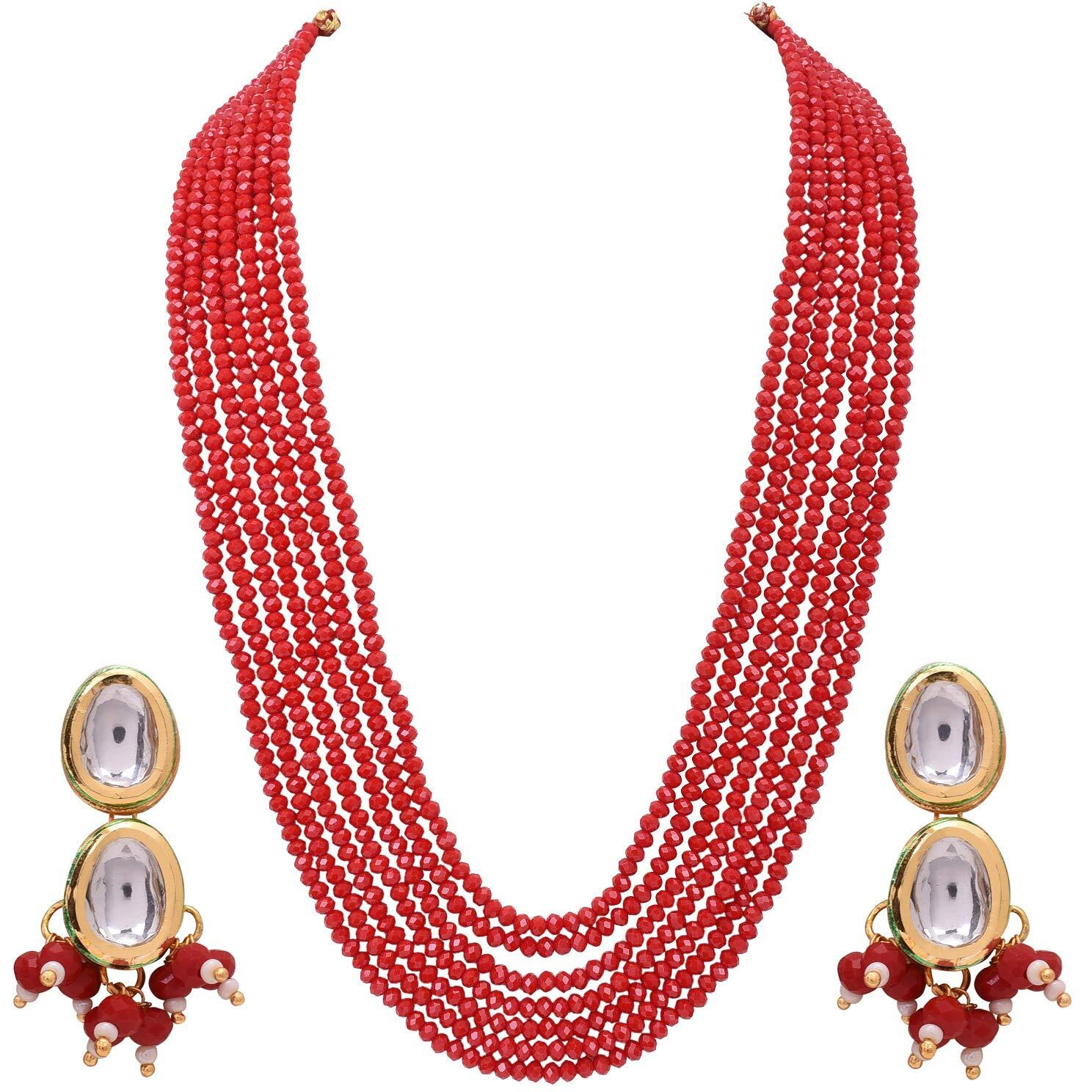 Ratnavali Jewels Ruby Red Real Crystal Stone 7 layer Beads Necklce Set With Kundan Stud Earrings For Women/Girls