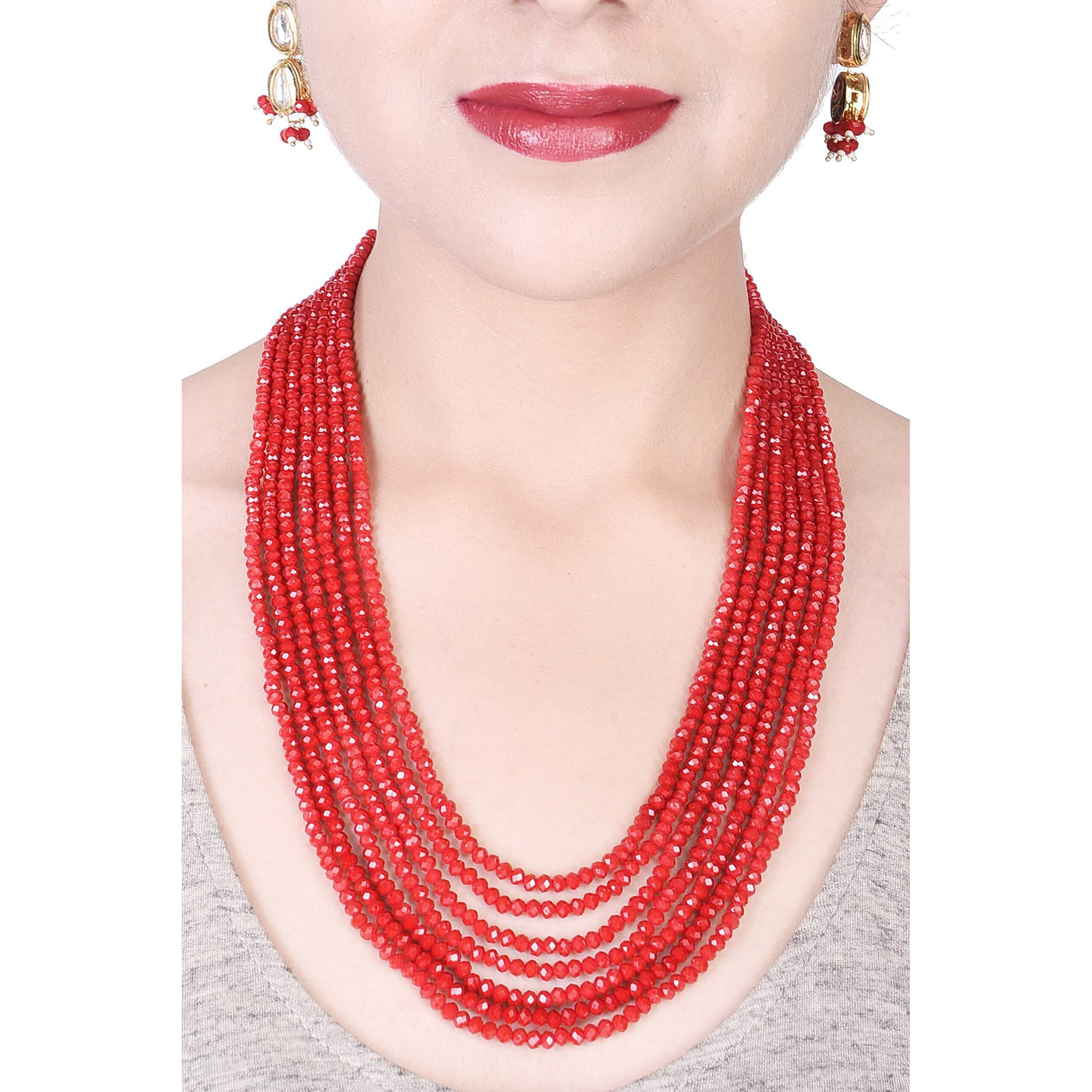 Ratnavali Jewels Ruby Red Real Crystal Stone 7 layer Beads Necklce Set With Kundan Stud Earrings For Women/Girls