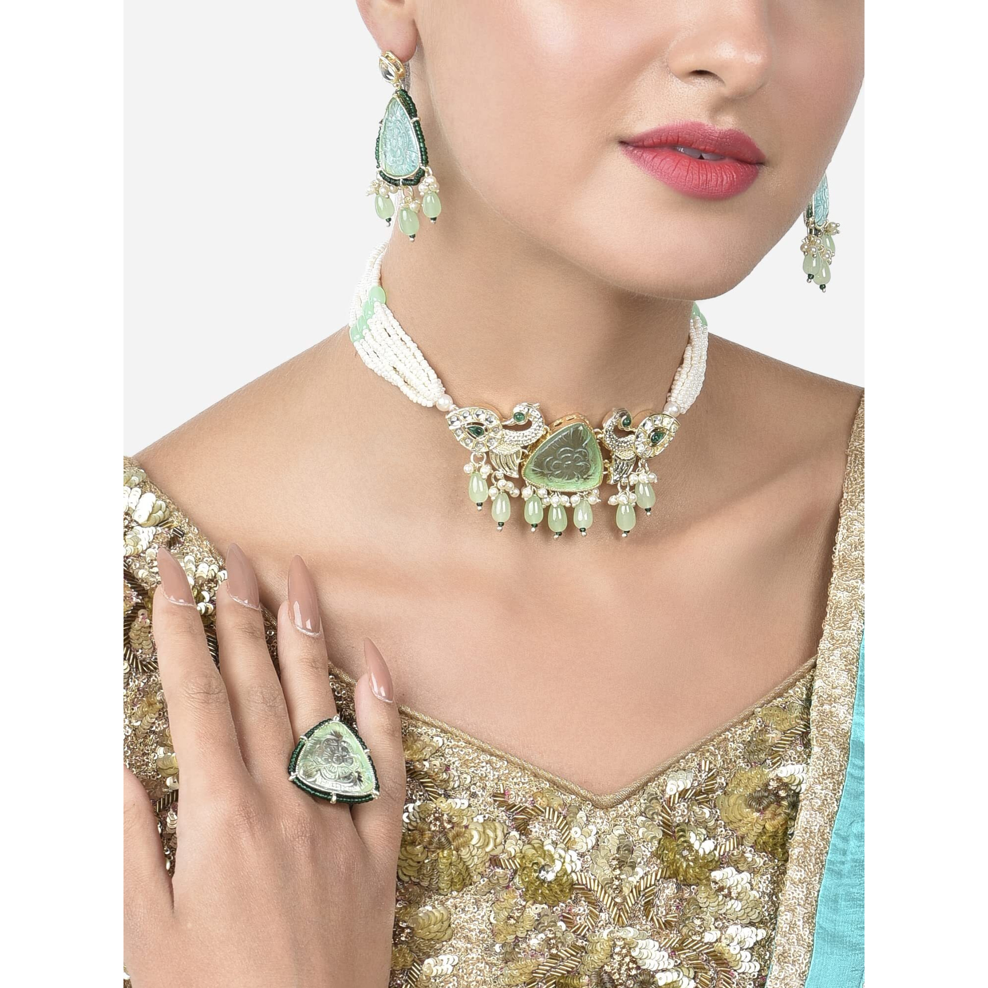 ZAVERI PEARLS Green Stones Peacock Multistrand Choker Necklace Earring & Ring Set For Women-ZPFK15359