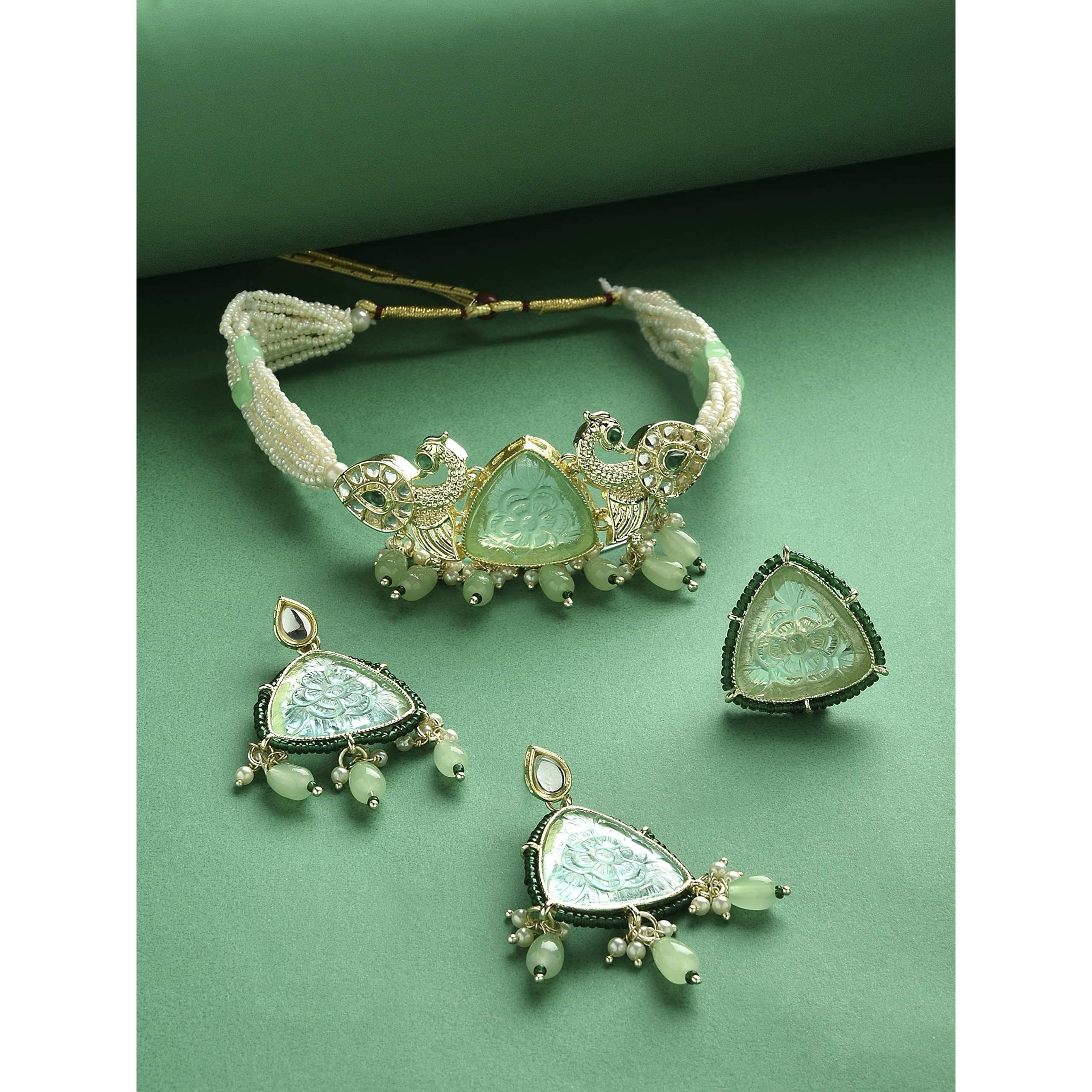 ZAVERI PEARLS Green Stones Peacock Multistrand Choker Necklace Earring & Ring Set For Women-ZPFK15359