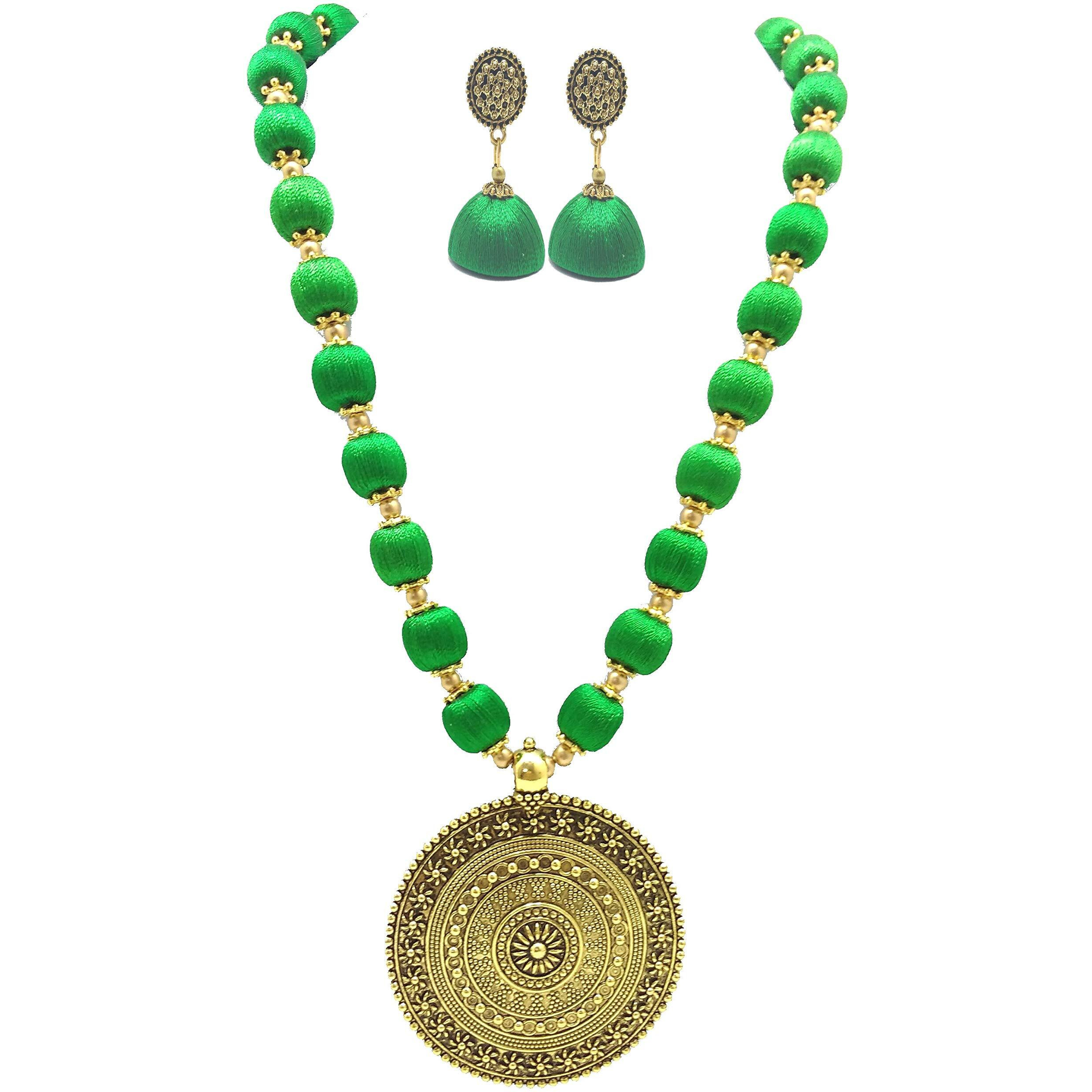 MDS FASHIONS Silk Thread Beads with Antique Chakra Necklace and Earrings set for Beautiful Women (MDS-1046) (Dark Green)