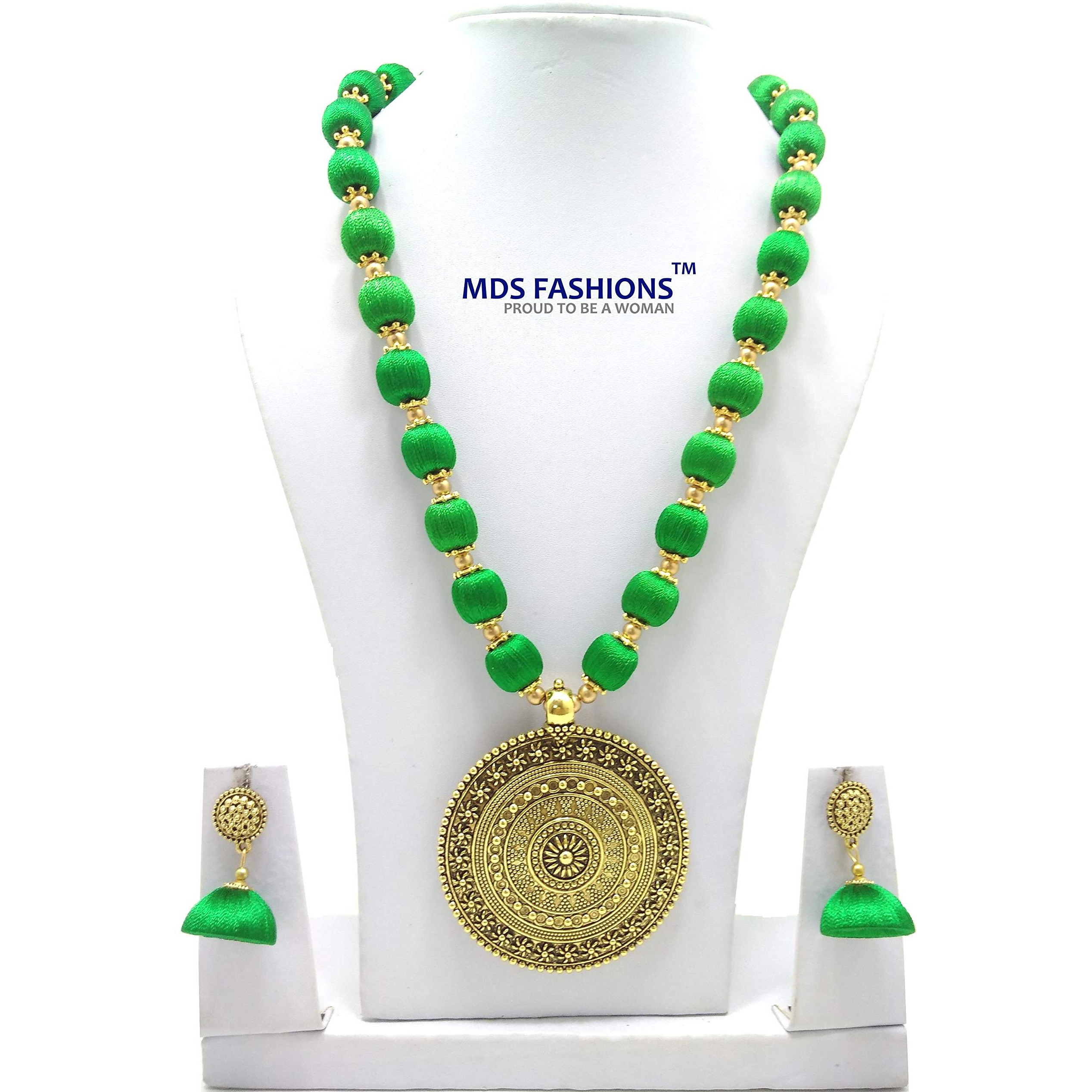 MDS FASHIONS Silk Thread Beads with Antique Chakra Necklace and Earrings set for Beautiful Women (MDS-1046) (Dark Green)