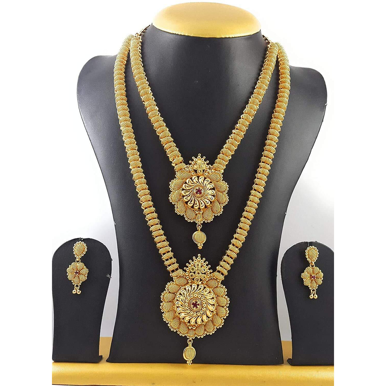 AFJ GOLD Womens Copper Gold Plated Matte Haram Necklace Set (Gold, Ruby )