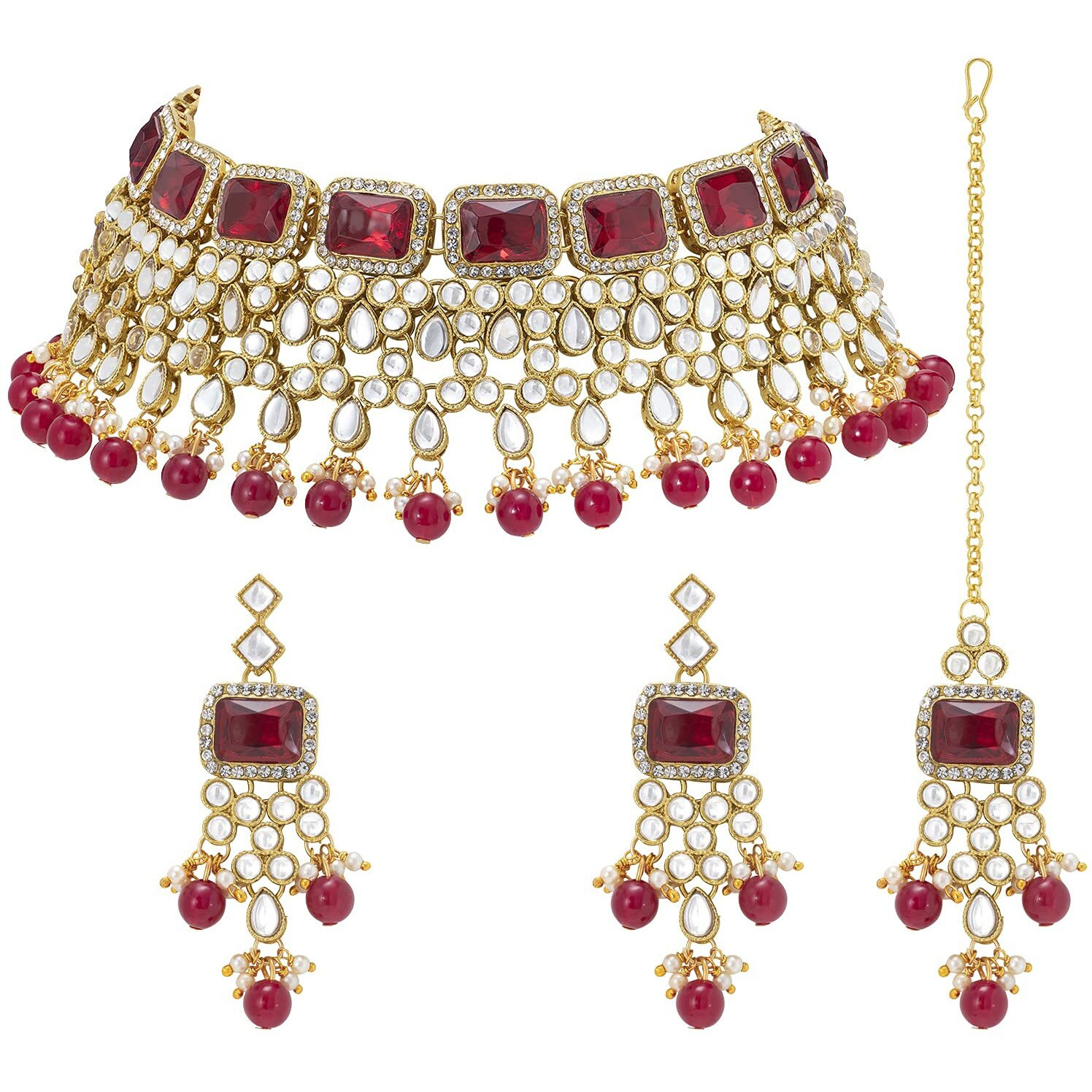 Peora Traditional Maroon Crystal Choker Necklace Earring Maang Tikka Jewellery Set for Women Girls