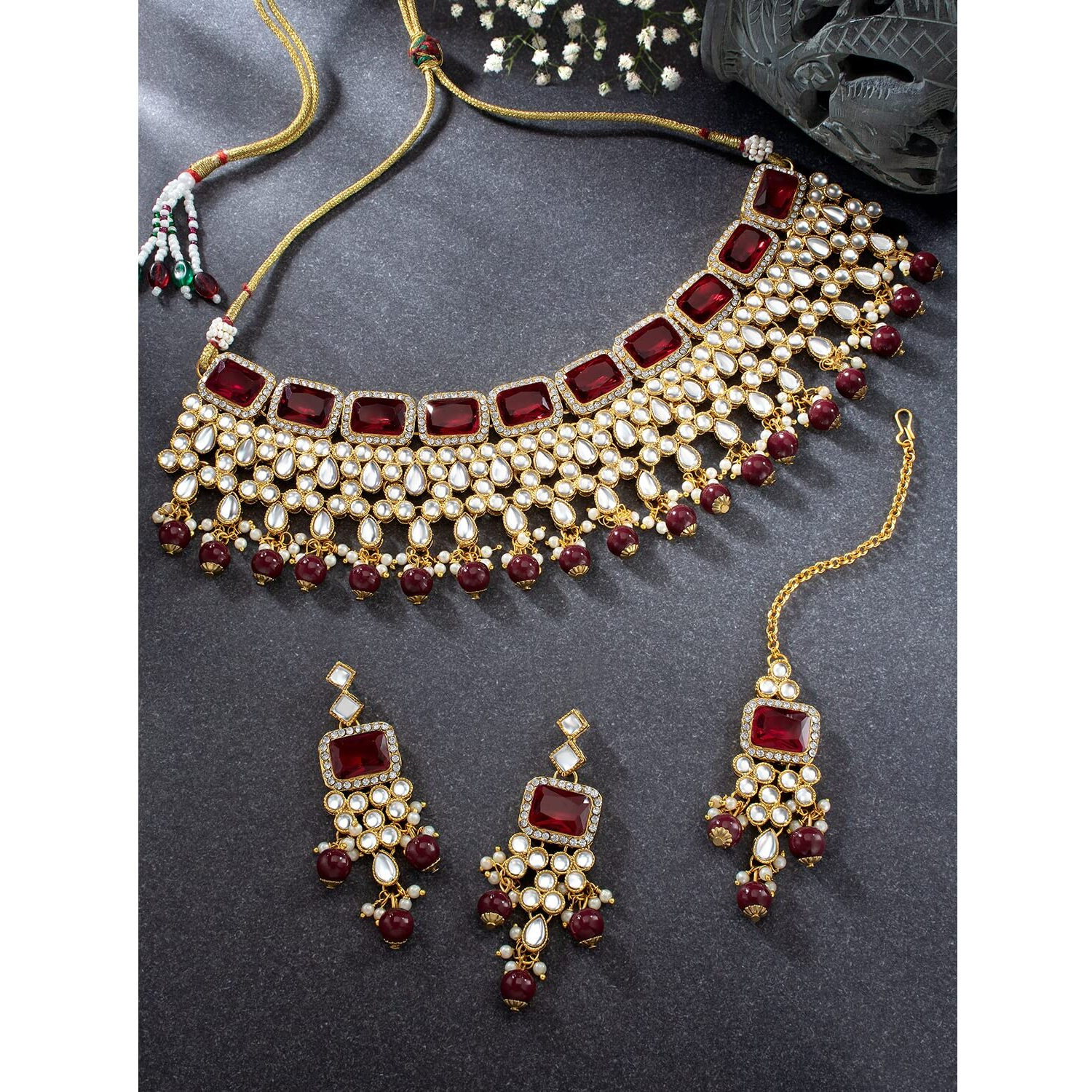 Peora Traditional Maroon Crystal Choker Necklace Earring Maang Tikka Jewellery Set for Women Girls