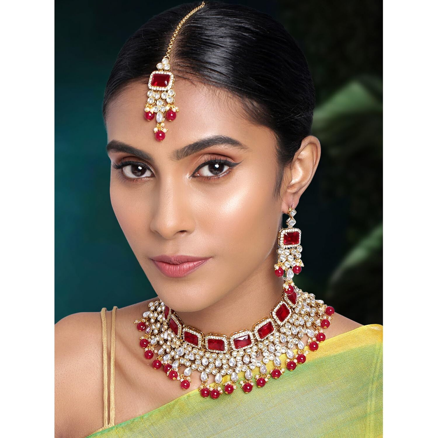 Peora Traditional Maroon Crystal Choker Necklace Earring Maang Tikka Jewellery Set for Women Girls
