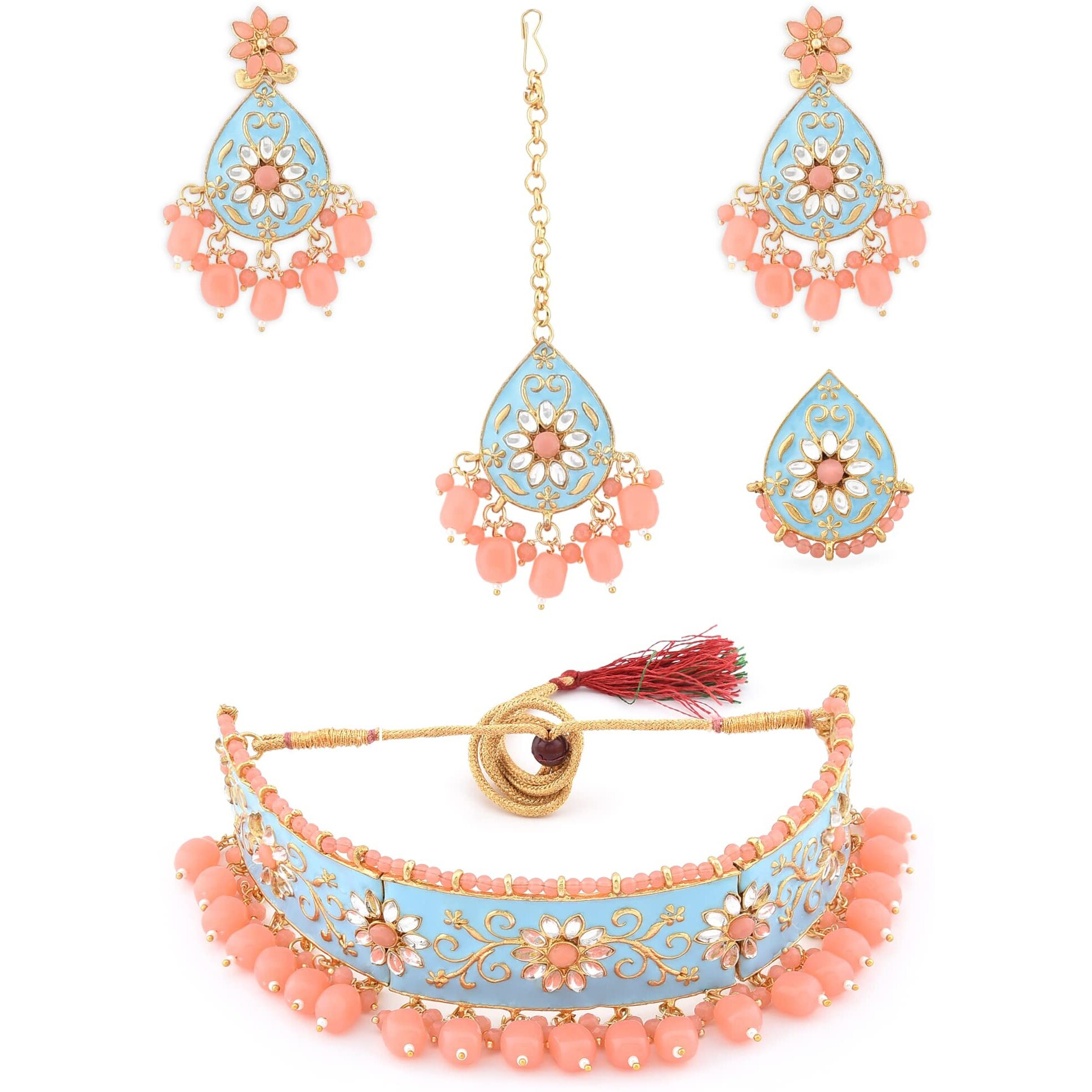 ZAVERI PEARLS Peach & Turquoise Meenakari Ethnic Choker Necklace Earring Maangtikka & Ring Set For Women-ZPFK12632