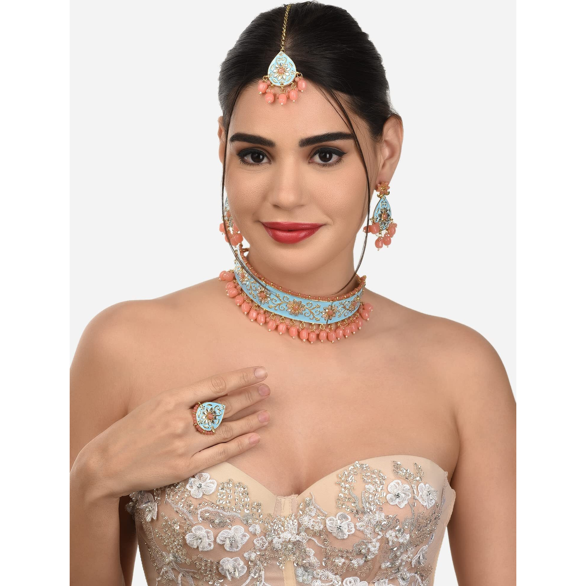 ZAVERI PEARLS Peach & Turquoise Meenakari Ethnic Choker Necklace Earring Maangtikka & Ring Set For Women-ZPFK12632