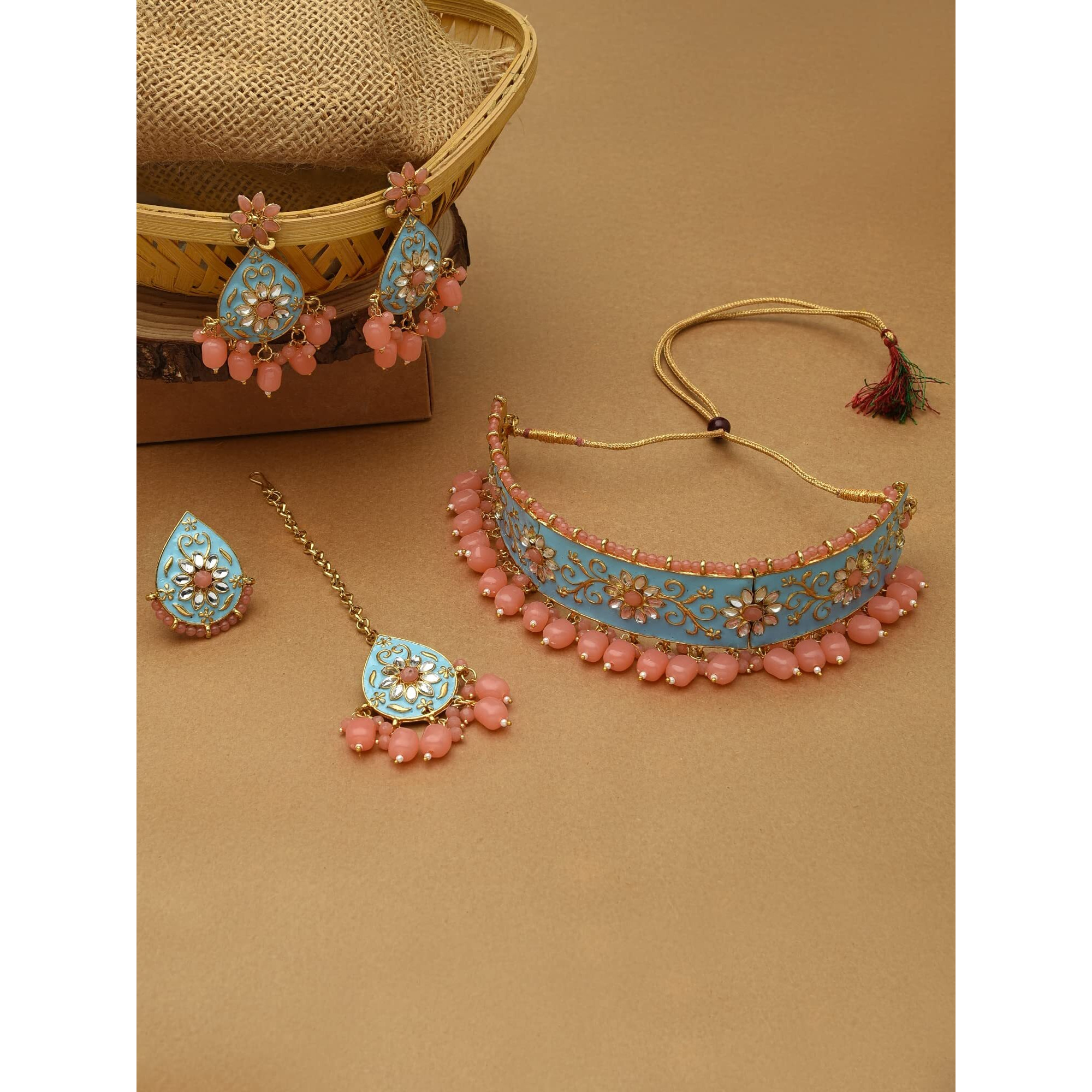 ZAVERI PEARLS Peach & Turquoise Meenakari Ethnic Choker Necklace Earring Maangtikka & Ring Set For Women-ZPFK12632