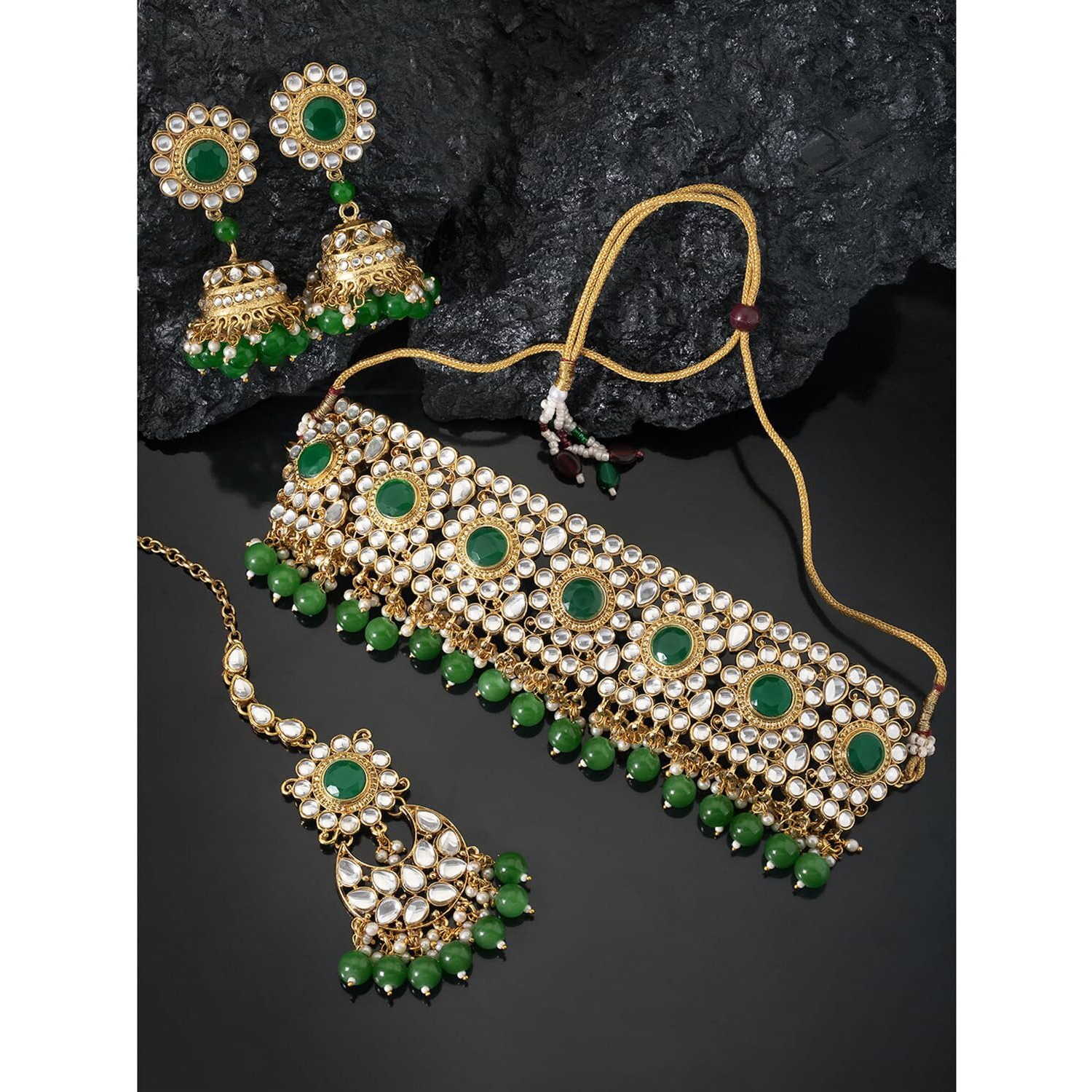 Peora Traditional Crystal Faux Pearl Choker Necklace Earring Maang Tikka Jewellery Set for Women