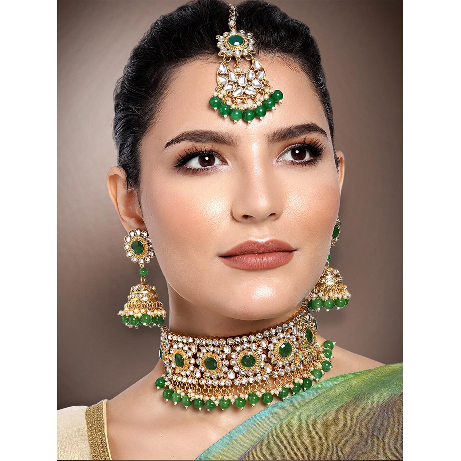 Peora Traditional Crystal Faux Pearl Choker Necklace Earring Maang Tikka Jewellery Set for Women