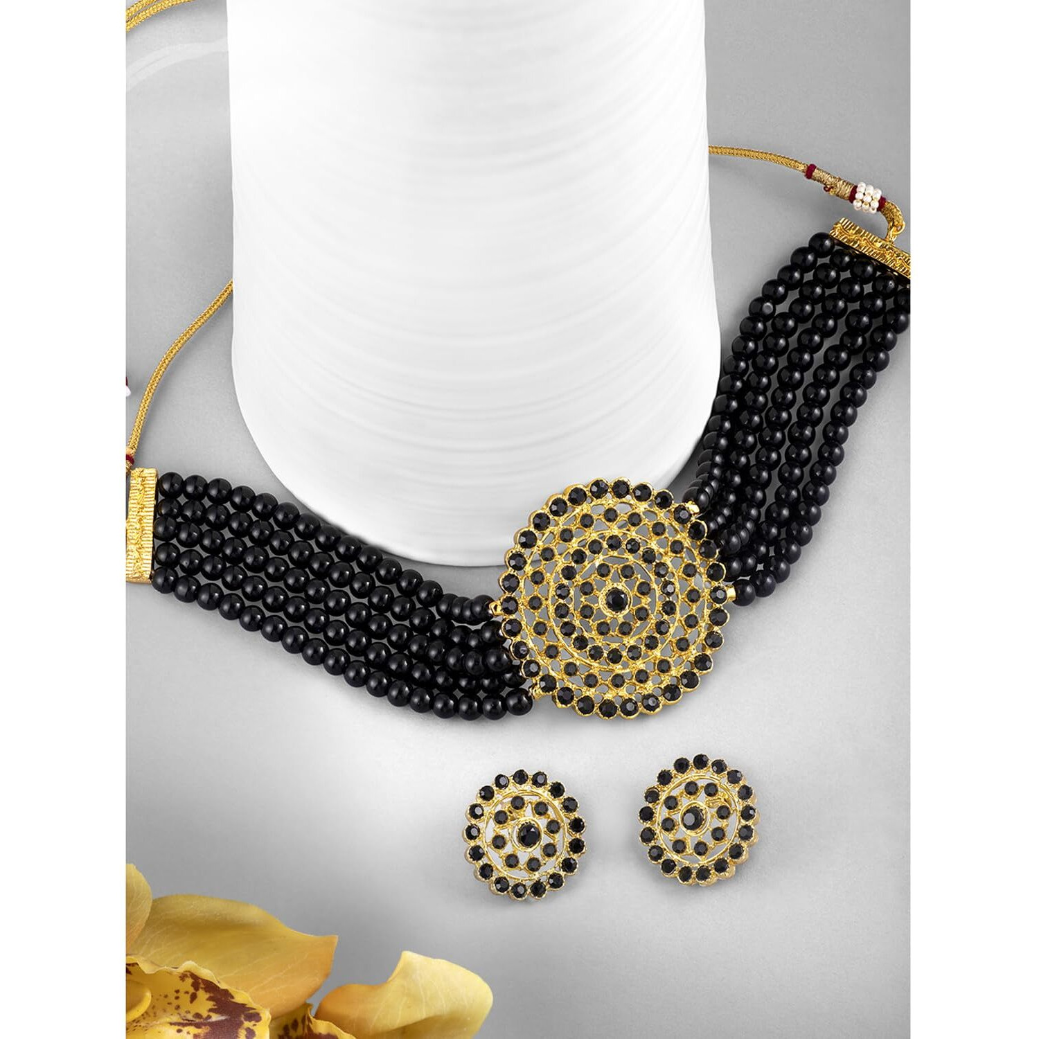 Peora Gold Plated Pearl Diamond Kundan Choker Necklace with Round Earrings Traditional Jewellery Set For Womens