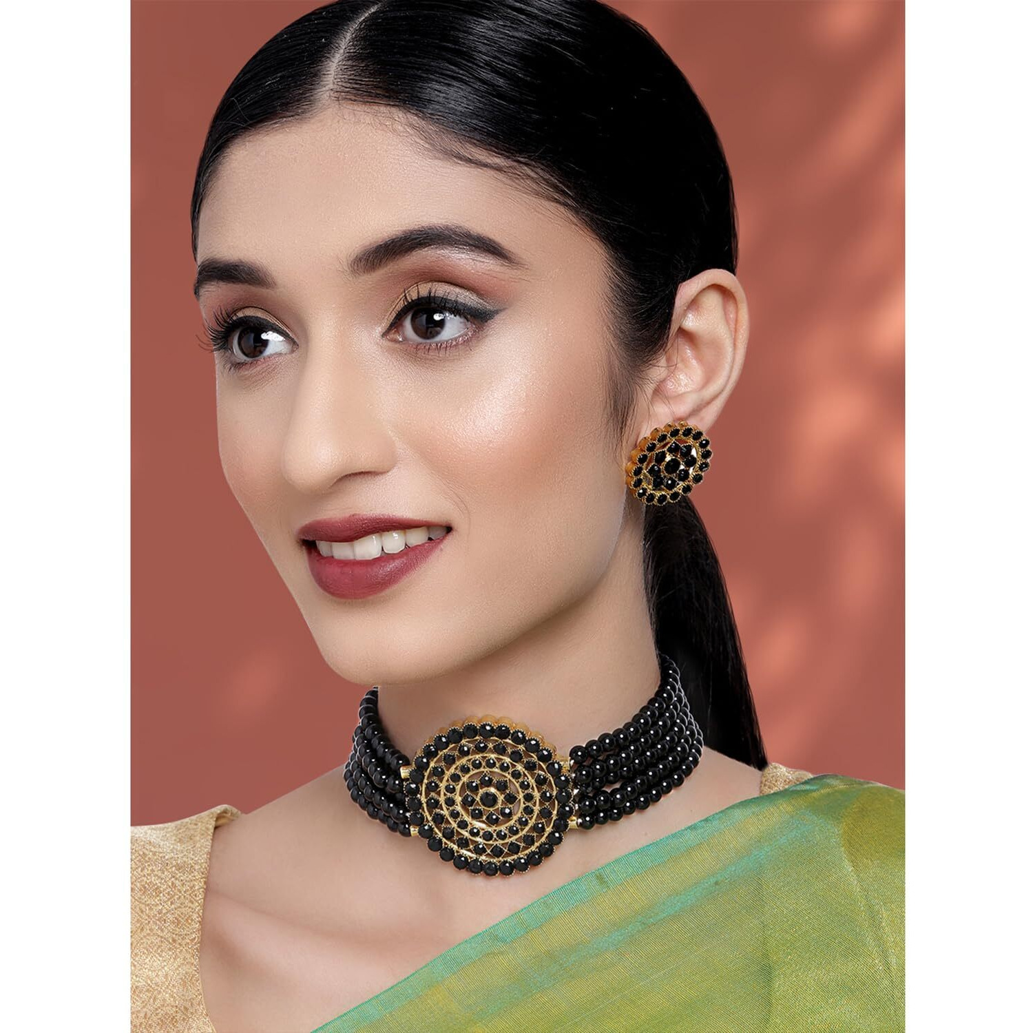 Peora Gold Plated Pearl Diamond Kundan Choker Necklace with Round Earrings Traditional Jewellery Set For Womens