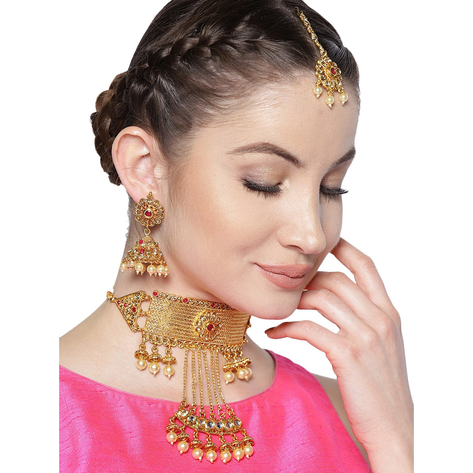 ZAVERI PEARLS Gold Tone Kundan & Pearls Bridal Choker Necklace Set For Women-ZPFK7379