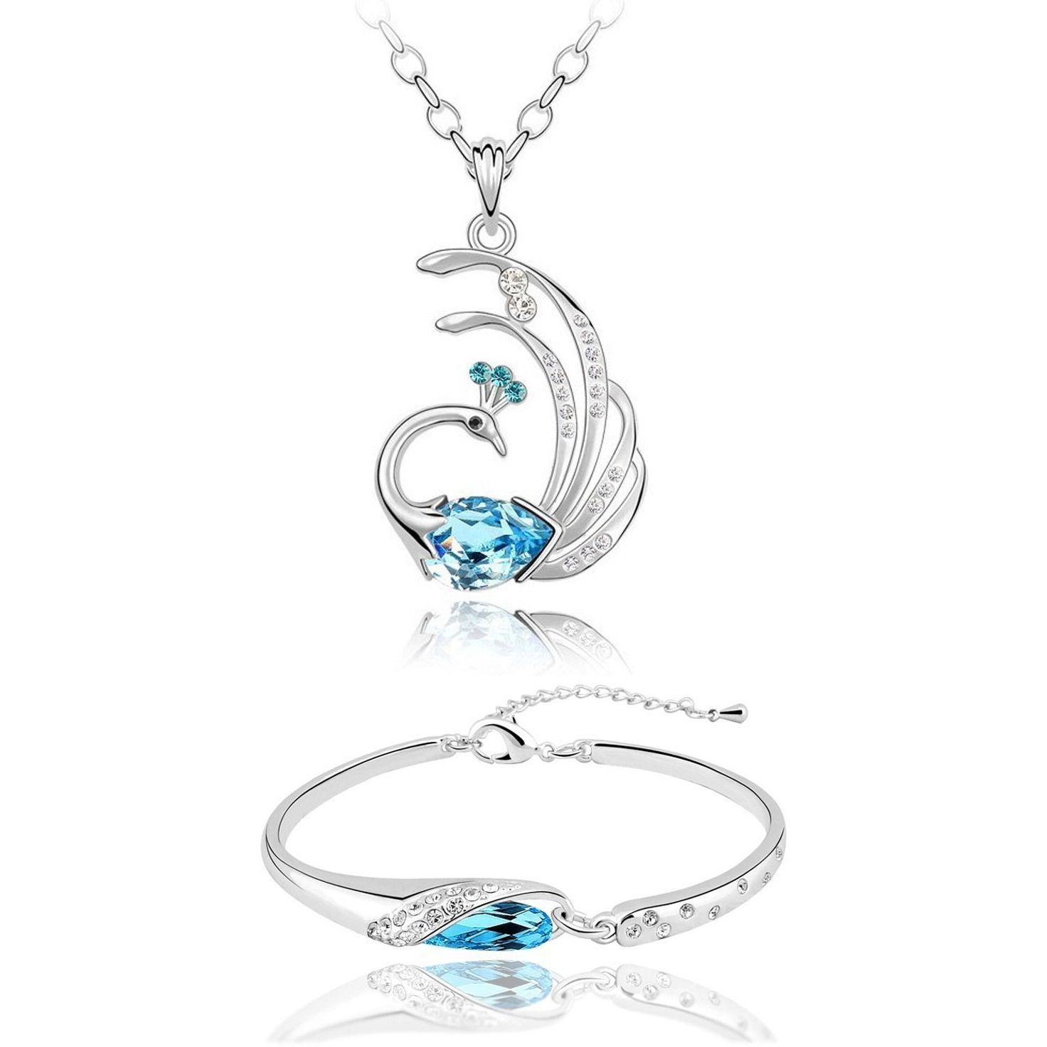 Shining Diva Fashion White Gold Plated Crystal Jewellery Pendant Necklace Set with Bracelet for Women
