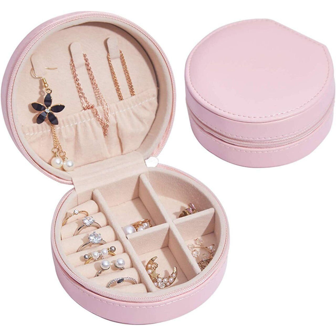 SZONZ Jewellery Organiser PU Leather Zipper Portable Storage Box Case with Dividers Mini Jewelry Organizer Box for Women Travel Ring, Pendant, Earring, Necklace Storage Case (MULTICOLOR) (ROUND)