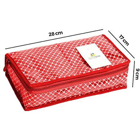 HomeStrap Cotton Multipurpose 8 Pocket Jewellery Storage Bag Pouch/Travel Kit Organizer - Red