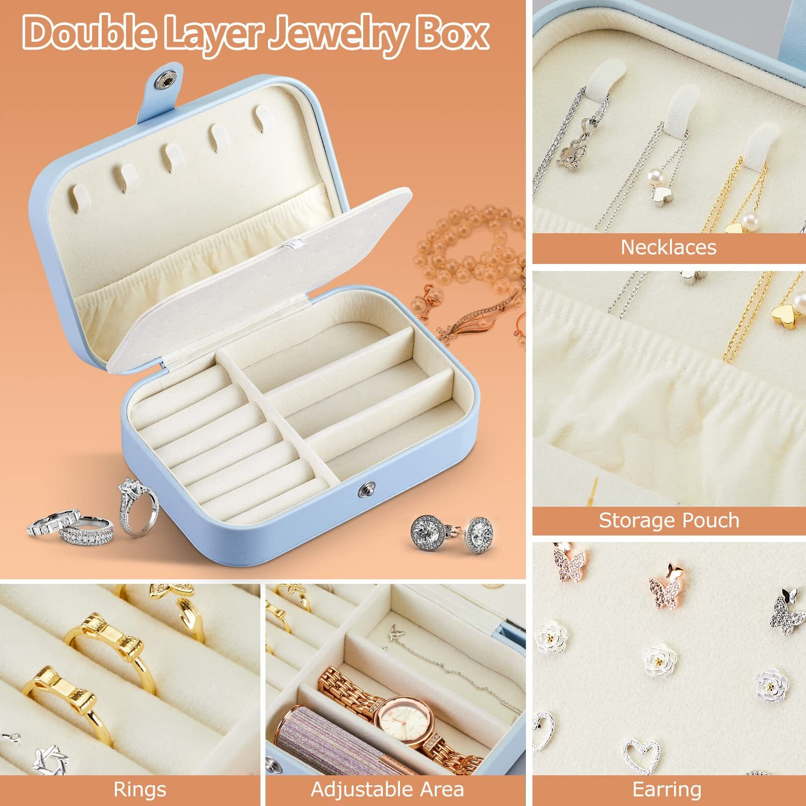 INSFIT Jewelry Box, Portable Leather Travel Jewelry Organizer Case Small Jewelry Box Storage With Four Transparent bag Jewelry Containers Gift For Girls, Blue