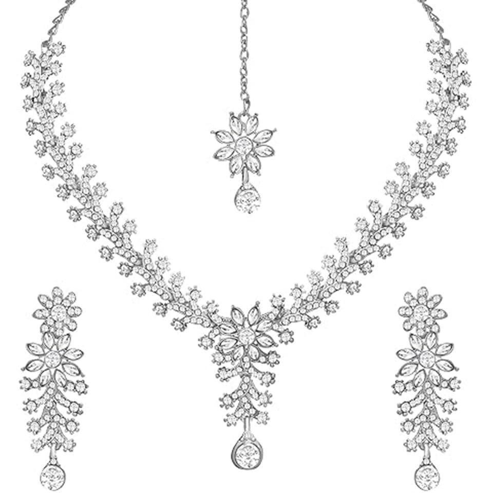 Atasi International Dazzling Rhodium Silver Plated Alloy Choker Necklace Set For Women