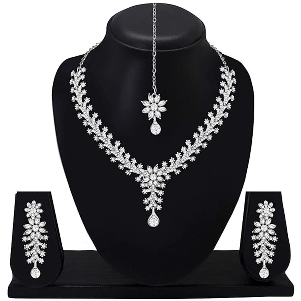 Atasi International Dazzling Rhodium Silver Plated Alloy Choker Necklace Set For Women