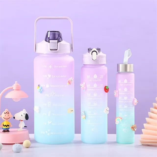 CRIYALE Set of 3 Water Bottle with Motivational Time Marker | Sipper Water Bottle with Straw, 3D Sticker Leakproof BPA Free Drinks Bottle for Gym Fitness Outdoor Sports(2Litre, 900ml, 350ml)