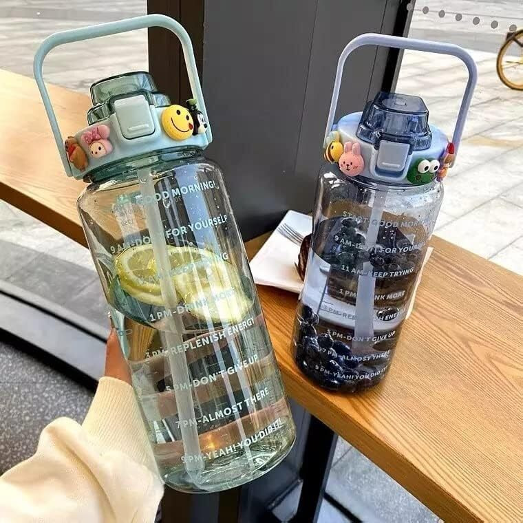 CRIYALE Plastic Water Bottle With Motivational Time Marker,Water Bottle With Straw&Handle,Leakproof Durable Non-Toxic Sipper Water Bottle For Office,School Gallon Bottle For Gym (2 Ltr,Multicolor)
