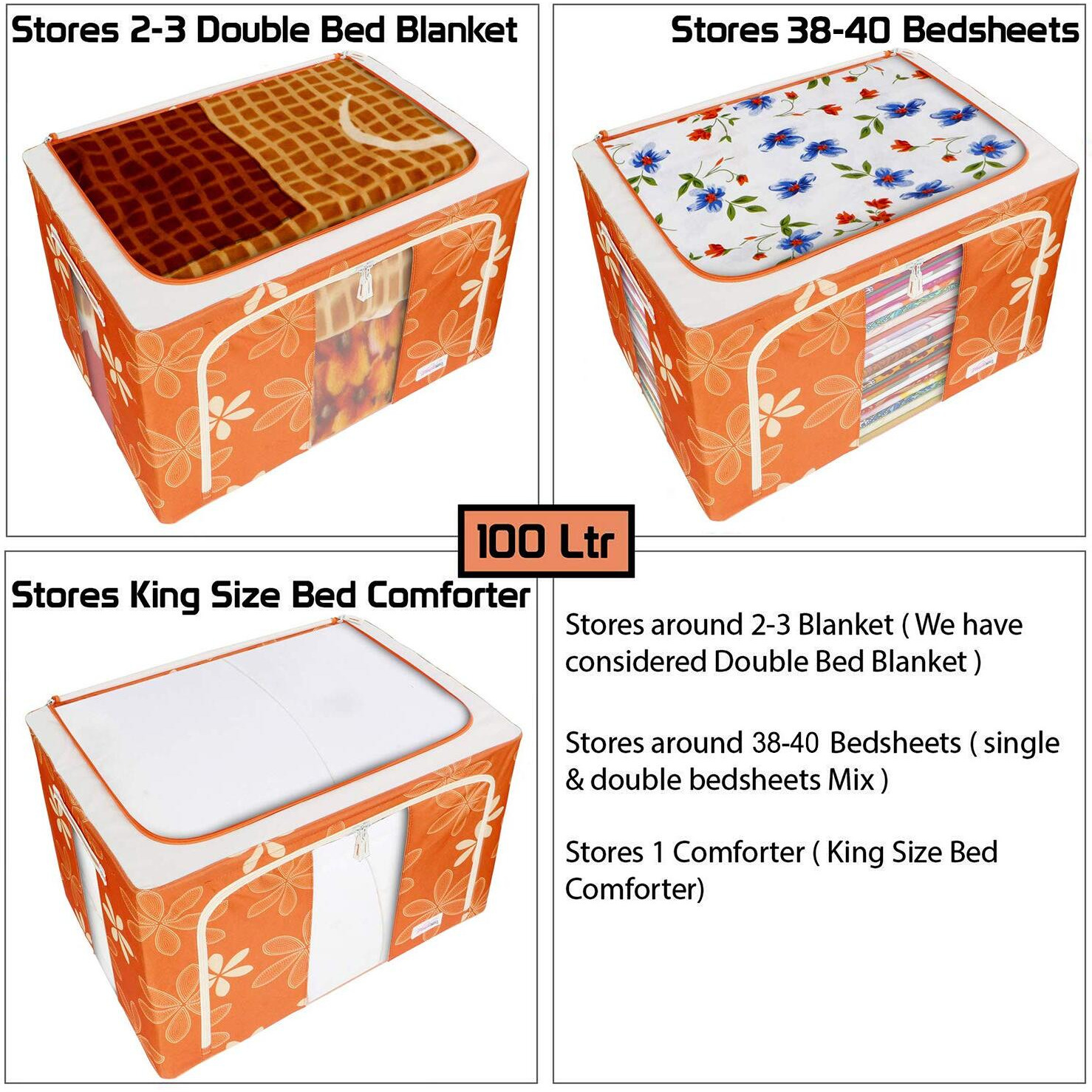BlushBees Living Box - Storage Boxes for Clothes, Blanket Cover Bag - 100 Litre, Pack of 1, Orange