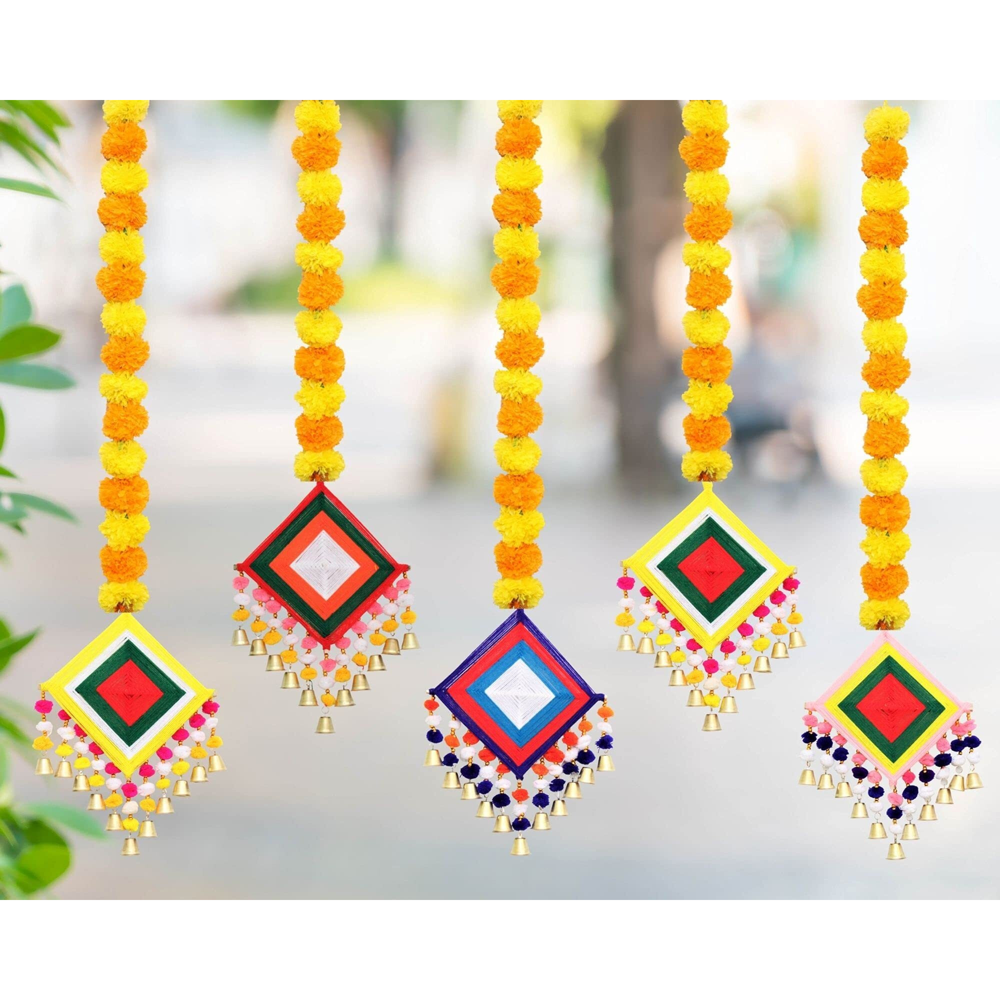 JH Gallery Handmade Artificial Marigold Fluffy Flowers Colorful Woolen Kite Bells Hanging (44 Inches Height Approx. Pack of 5)