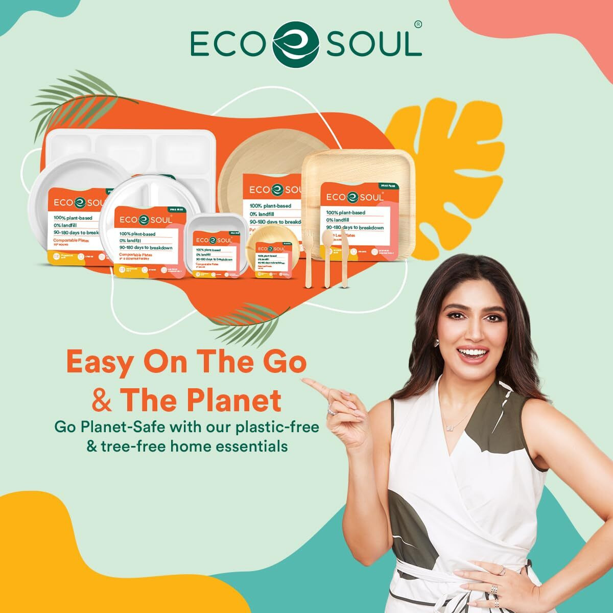 ECO SOUL [100 Pack, 5-Compartment Disposable Meal Tray | Compostable Bagasse Plates | Eco-friendly Biodegradable Dinner Plates | Party, Wedding, Event Plates