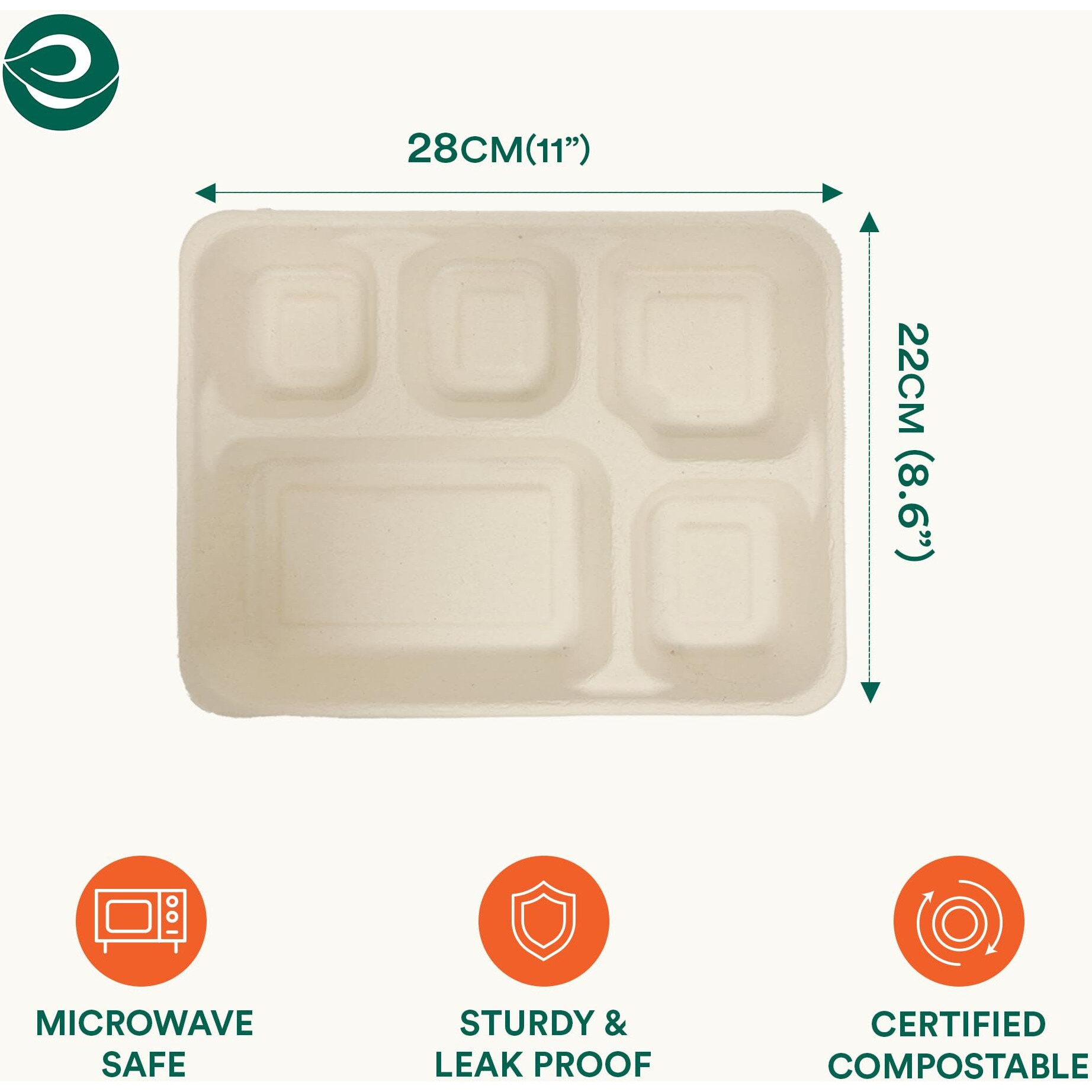 ECO SOUL [100 Pack, 5-Compartment Disposable Meal Tray | Compostable Bagasse Plates | Eco-friendly Biodegradable Dinner Plates | Party, Wedding, Event Plates