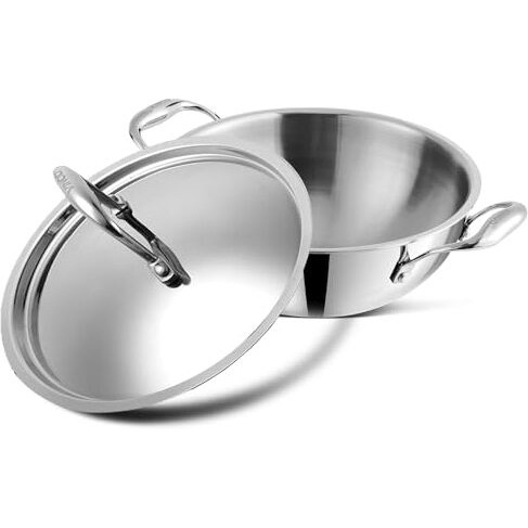 Vinod Platinum Triply Stainless Steel Extra Deep Kadai with Lid 2.5 litre (22 cm) | 2.5mm Thick | Stainless Steel Cookware | 5 Year Warranty | Induction & Gas Base