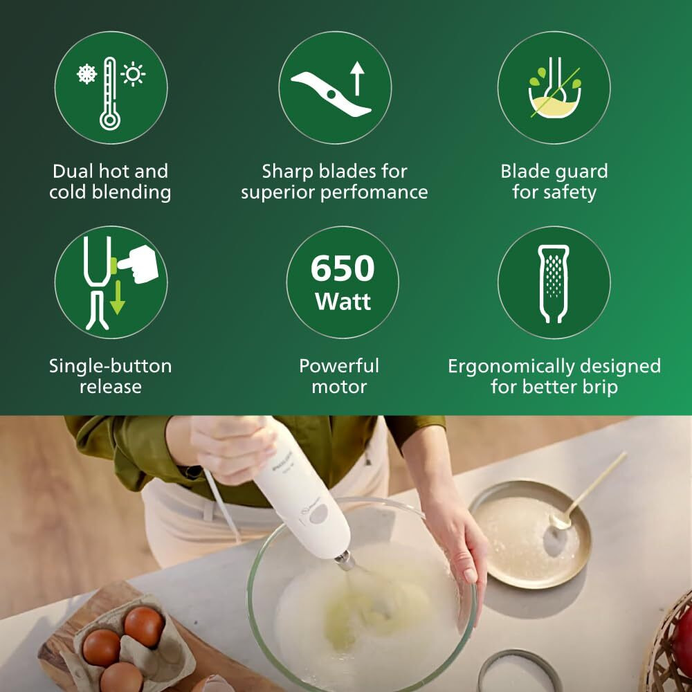 Philips Hand Blender HL1600/02-650W Powerful Motor, Compact Chopper, Detachable Steel Rod, Single Button Release, 2 Year Warranty, White & Brown