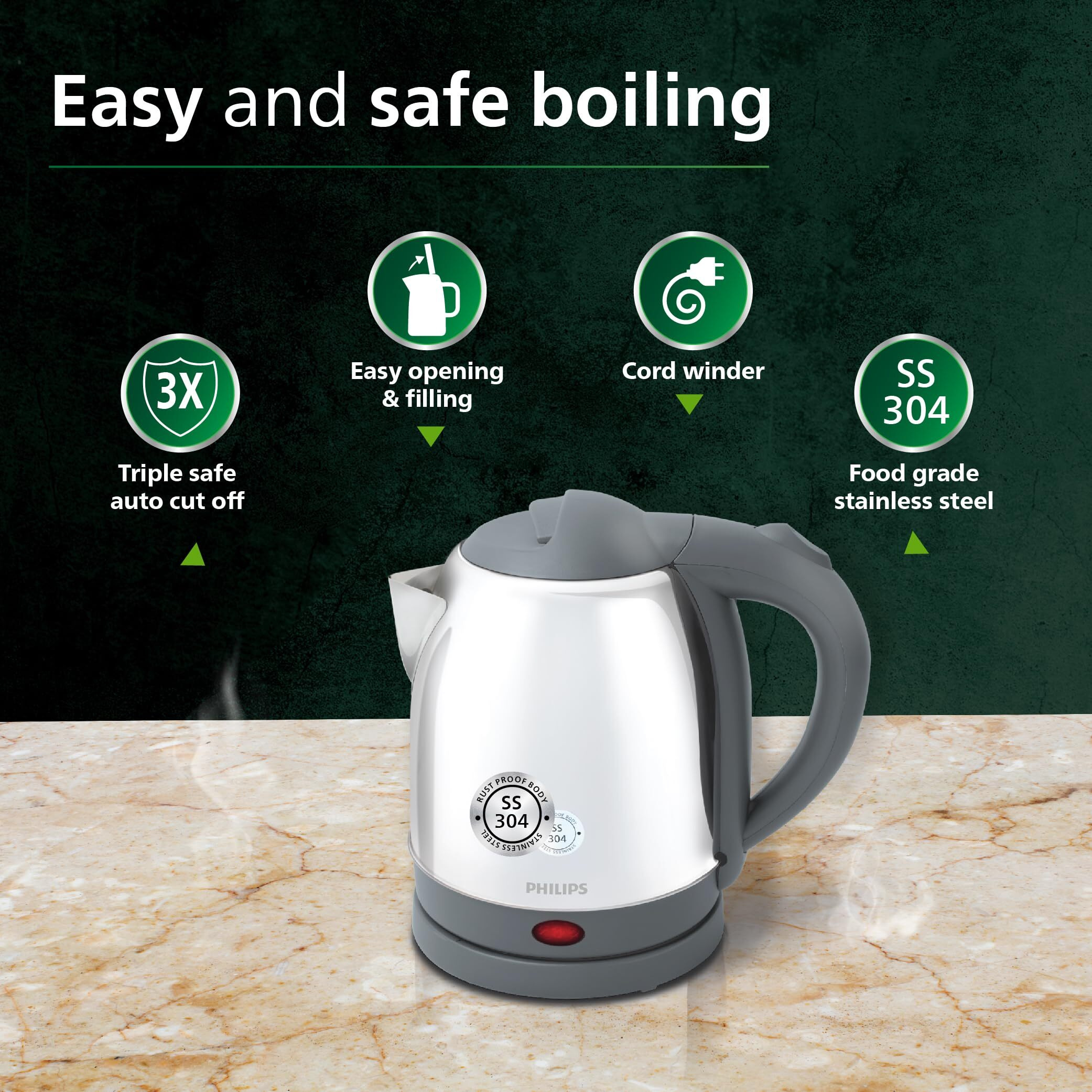 Philips HD 9363/02 1.2 L Kettle with 25% thicker body for longer life, triple safe auto cut off