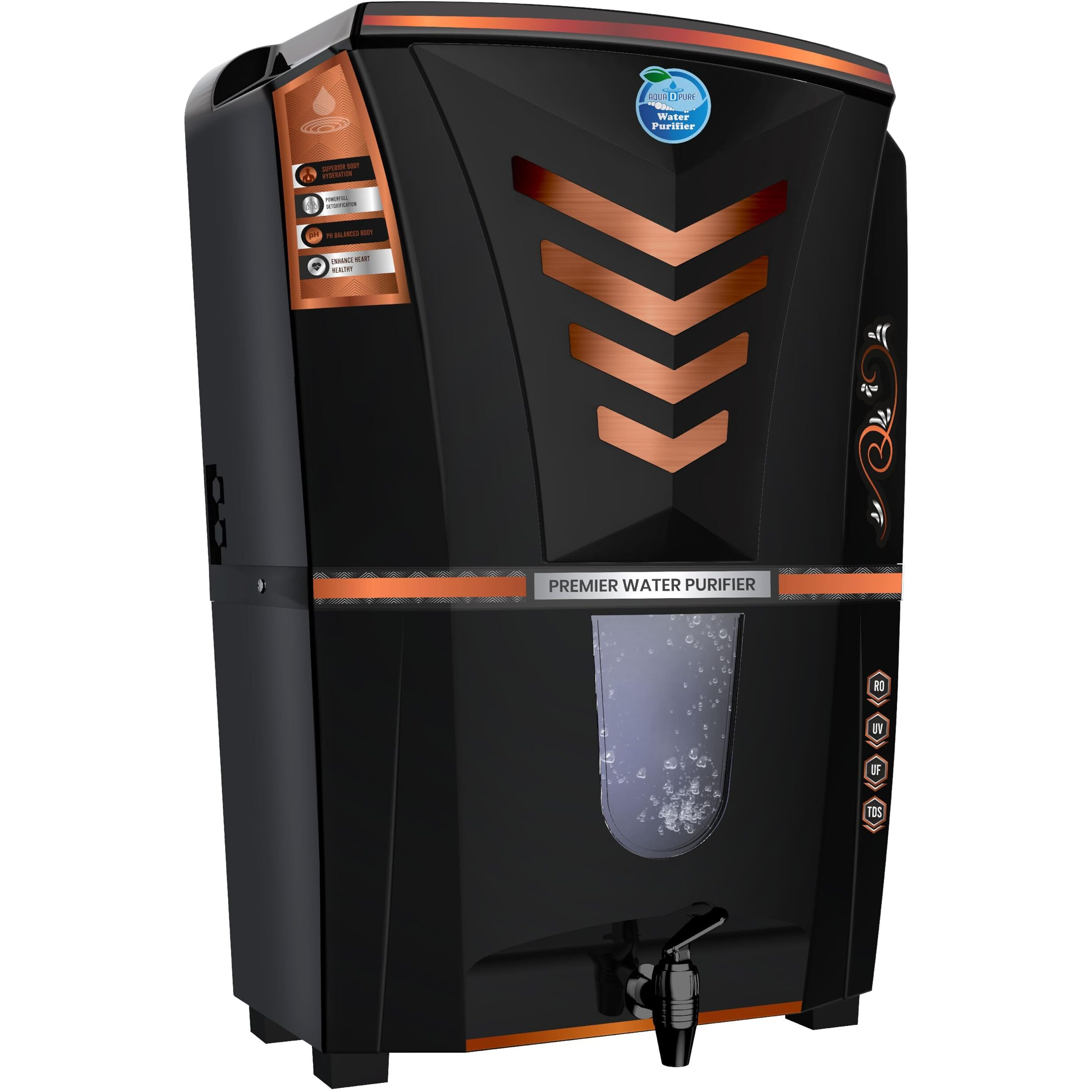 AQUA D PURE 4 in 1 Copper RO Water Purifier with 10 Stage Purification Filtration, UV, UF, TDS Adjuster and 12 Liter Large Storage Tank (S32 Siron Gold Copper RO)