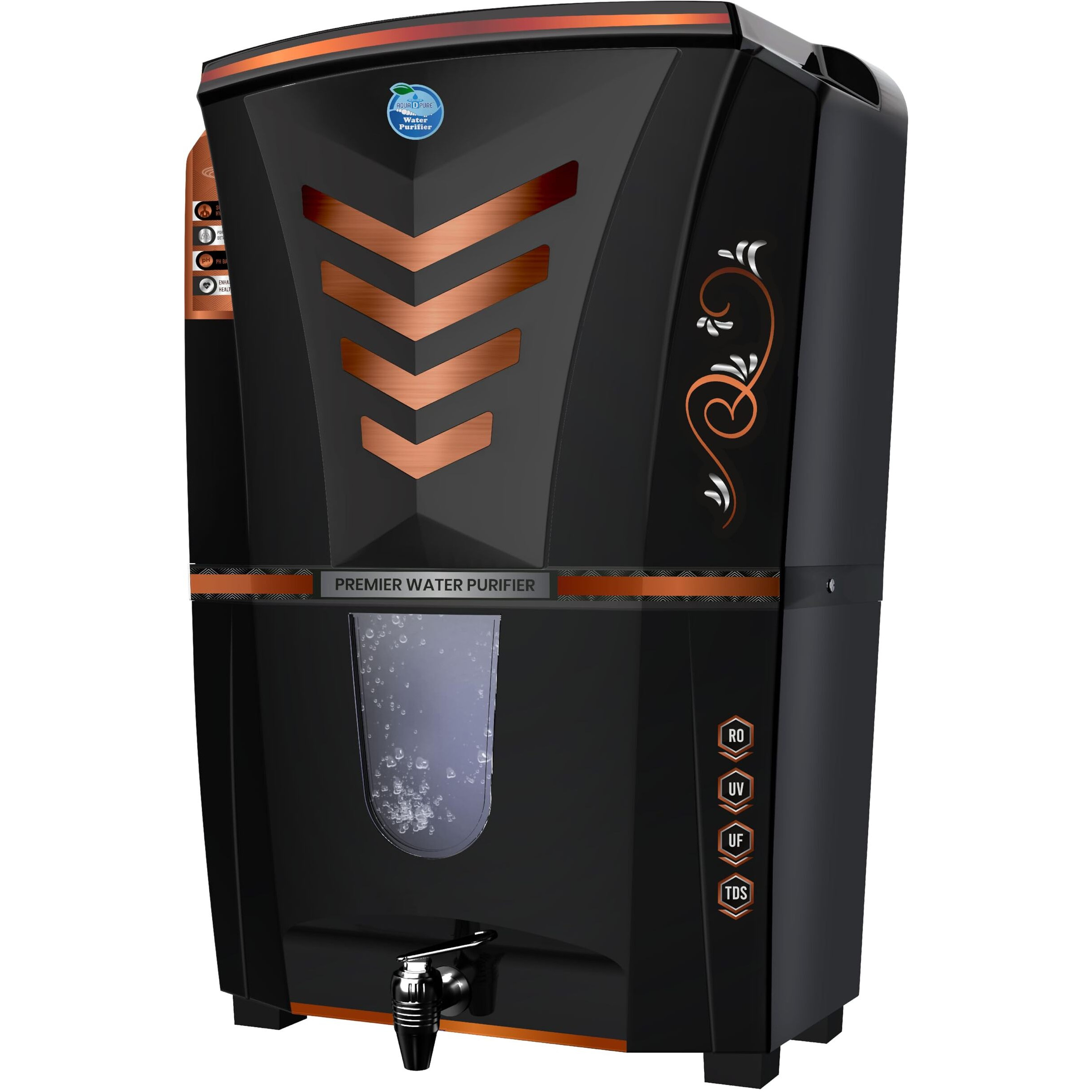 AQUA D PURE 4 in 1 Copper RO Water Purifier with 10 Stage Purification Filtration, UV, UF, TDS Adjuster and 12 Liter Large Storage Tank (S32 Siron Gold Copper RO)