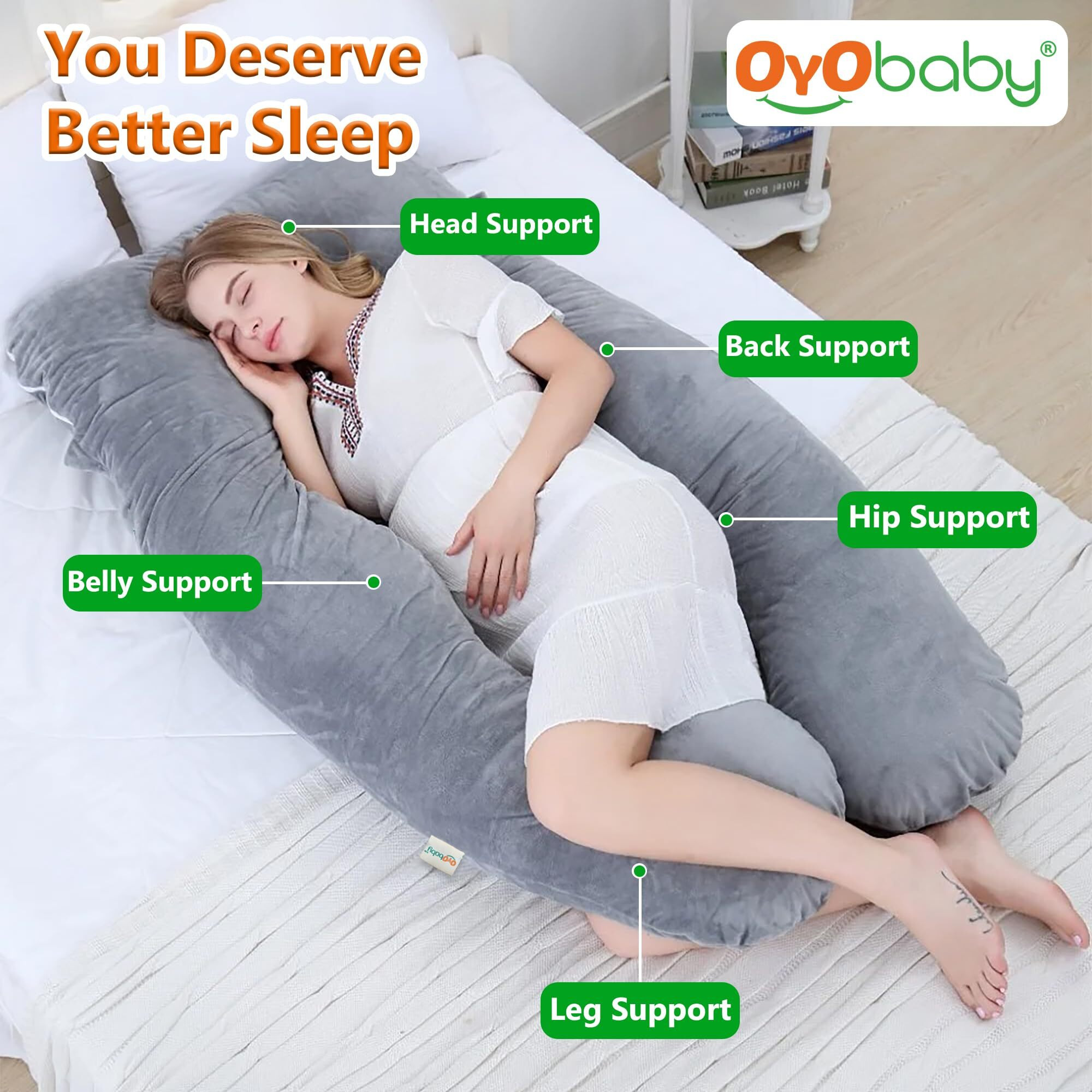 OYO BABY Cooling Pregnancy Pillows, U Shaped Silky Maternity Pillow for Pregnant Women, Pregnancy Body Pillow for Sleeping, Back Pain Relief and Pregnant Legs, Hips, Belly Support (Grey)
