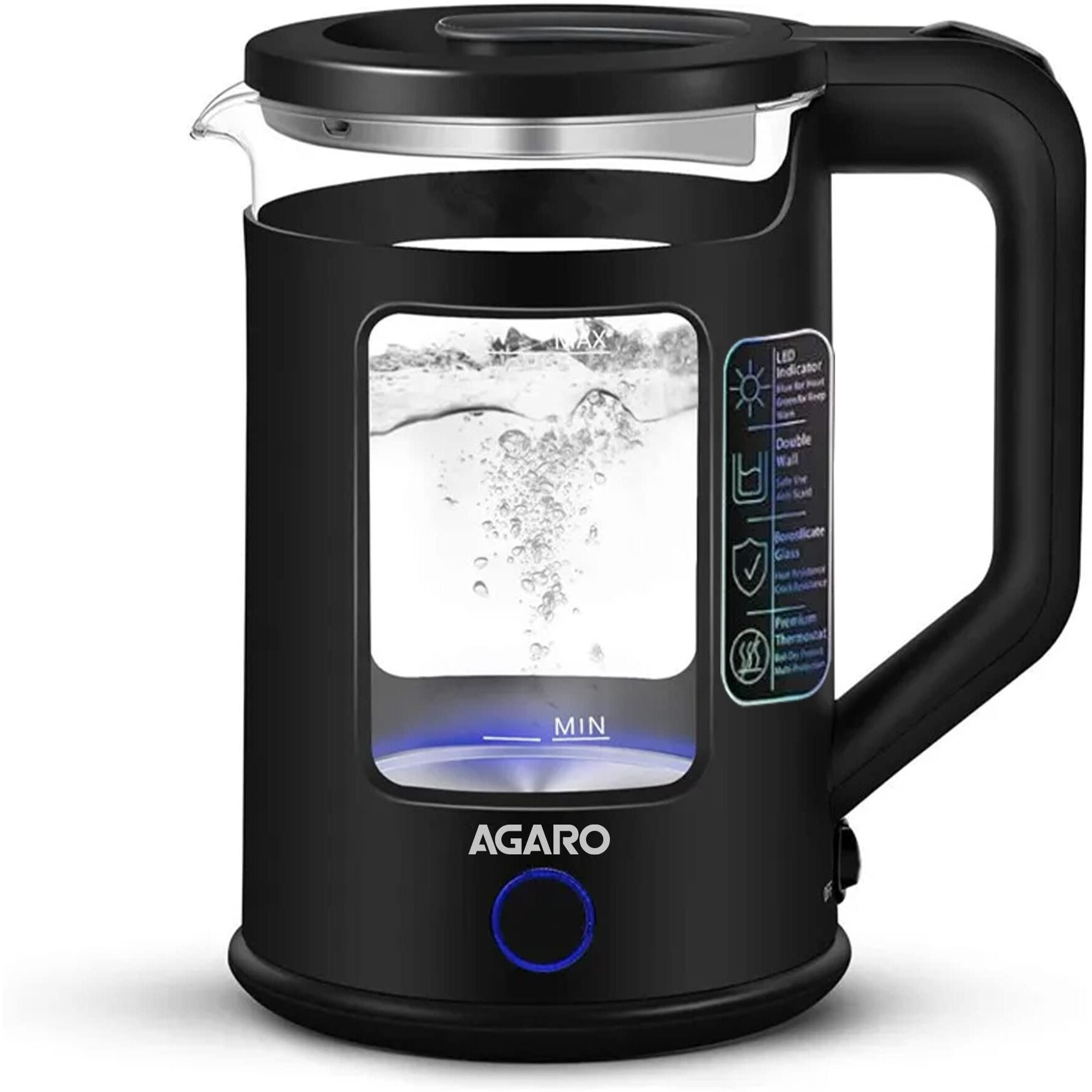 AGARO Galaxy Electric Kettle with Keep Warm Function, BPA Free PP Plastic & Glass body, Double Wall Design, Bicolor LED, 1.5L, Hot Water Kettle with Auto Shut-Off and Boil Dry Protection, Black