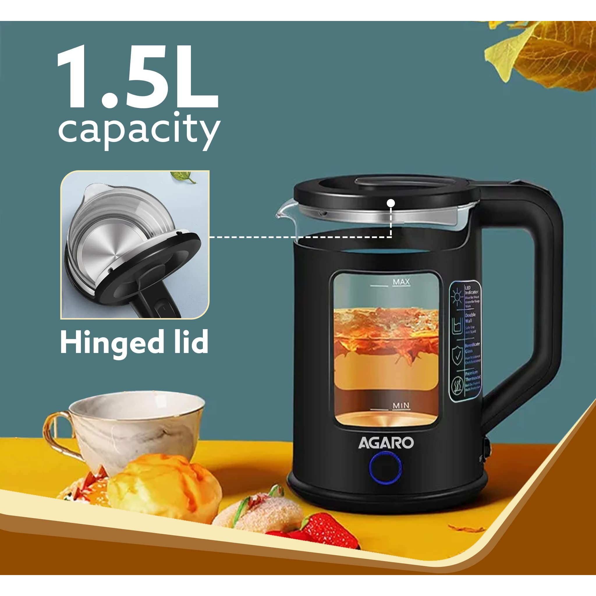 AGARO Galaxy Electric Kettle with Keep Warm Function, BPA Free PP Plastic & Glass body, Double Wall Design, Bicolor LED, 1.5L, Hot Water Kettle with Auto Shut-Off and Boil Dry Protection, Black