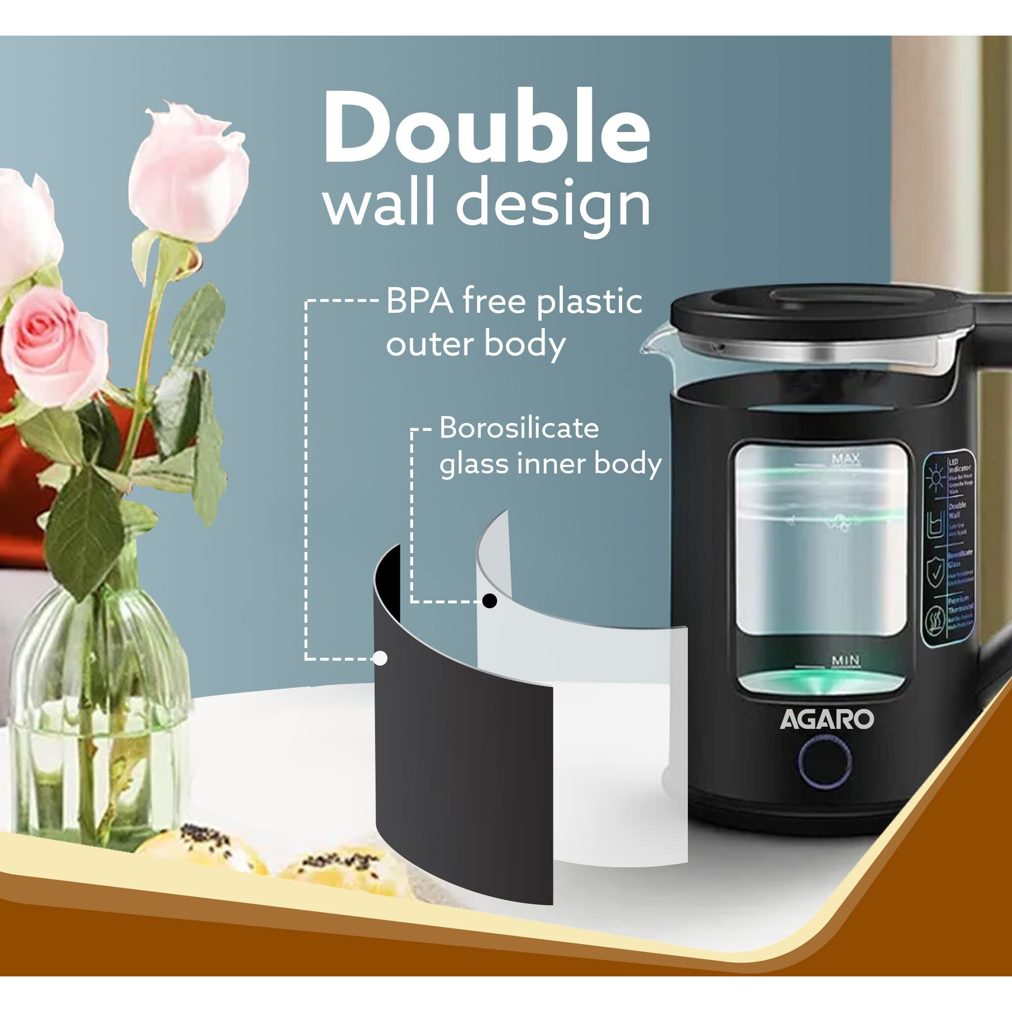 AGARO Galaxy Electric Kettle with Keep Warm Function, BPA Free PP Plastic & Glass body, Double Wall Design, Bicolor LED, 1.5L, Hot Water Kettle with Auto Shut-Off and Boil Dry Protection, Black