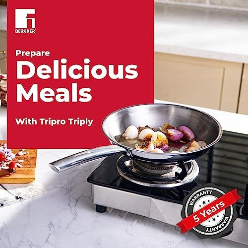 Bergner Tripro Triply 20 cm Fry Pan, 0.6 L Capacity, For Pan-Frying/Searing/Browning/Toasting/Indoor-Grilling, Heat Resistant Handle, Multi-Layered Polish Surface, Induction & Gas Compatible, 5-Year Warranty