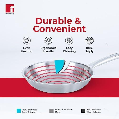 Bergner Tripro Triply 20 cm Fry Pan, 0.6 L Capacity, For Pan-Frying/Searing/Browning/Toasting/Indoor-Grilling, Heat Resistant Handle, Multi-Layered Polish Surface, Induction & Gas Compatible, 5-Year Warranty