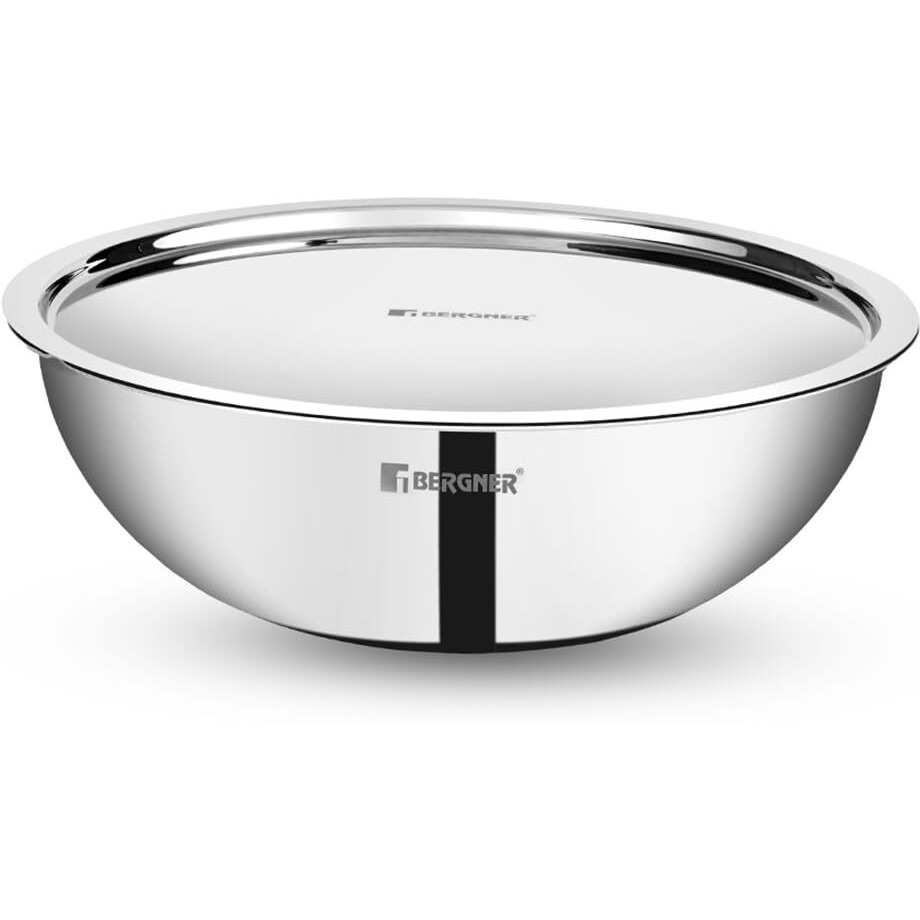 Bergner Tripro Triply 22 cm Tasla/Kadai, 2.5 L Capacity, Cook/Serve, Stainless Steel Lid, For Deep-Fry/Saut/Stir-Fry/Mixing/Desserts/Gravy, Multi-Layer Polish Finish, Induction & Gas Ready, 5-Year Warranty
