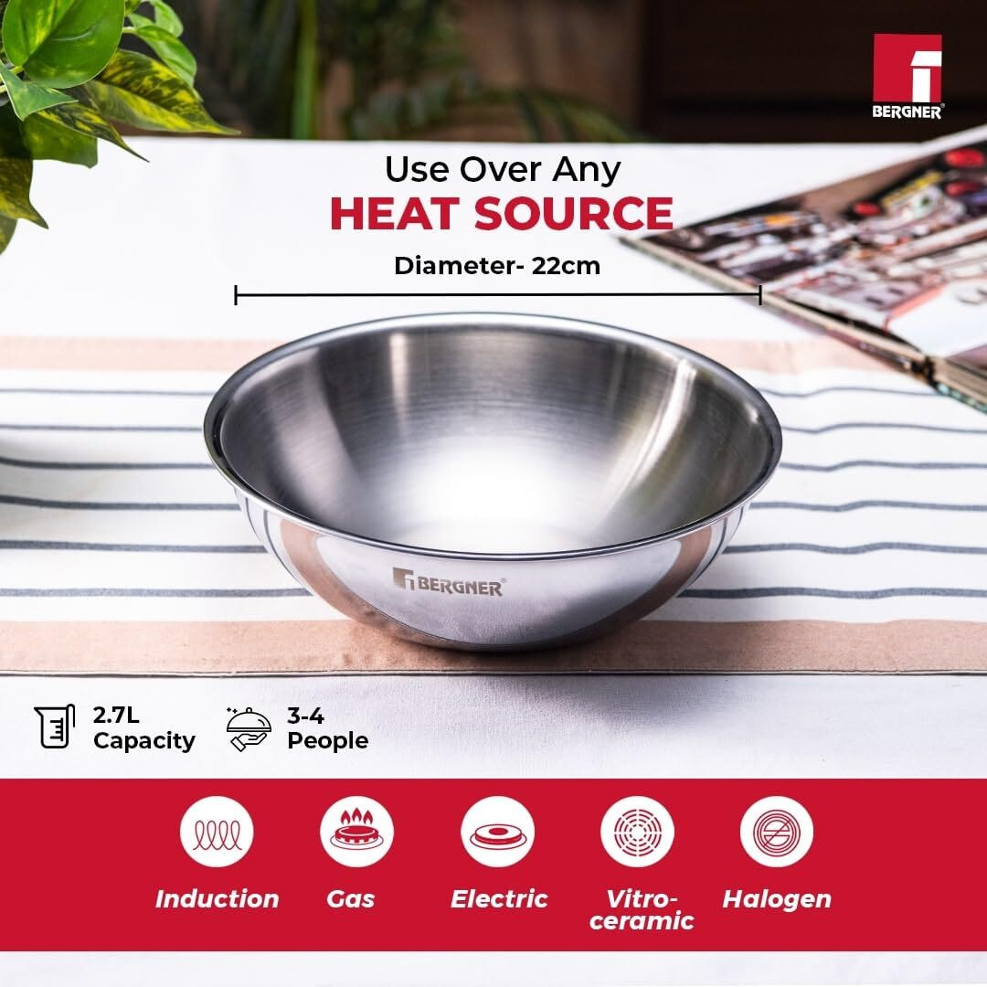 Bergner Tripro Triply 22 cm Tasla/Kadai, 2.5 L Capacity, Cook/Serve, Stainless Steel Lid, For Deep-Fry/Saut/Stir-Fry/Mixing/Desserts/Gravy, Multi-Layer Polish Finish, Induction & Gas Ready, 5-Year Warranty