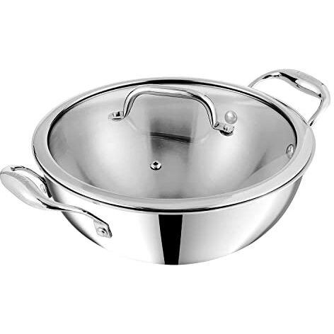Vinod Platinum Triply Stainless Steel Extra Deep Kadai with Glass Lid 1.8 Litre (20 cm) | 2.5mm Thick | Kadai for Cooking | Heavy Base | Induction & Gas Base | 5 Year Warranty
