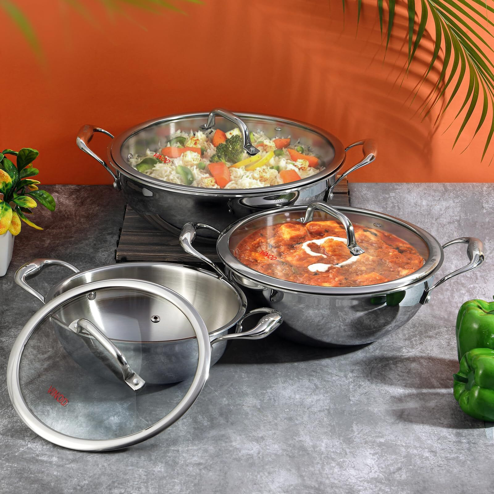 Vinod Platinum Triply Stainless Steel Extra Deep Kadai with Glass Lid 3.7 Litre (26 cm) | 2.5mm Thick | Kadai for Cooking | Heavy Base | Induction & Gas Base | 5 Year Warranty
