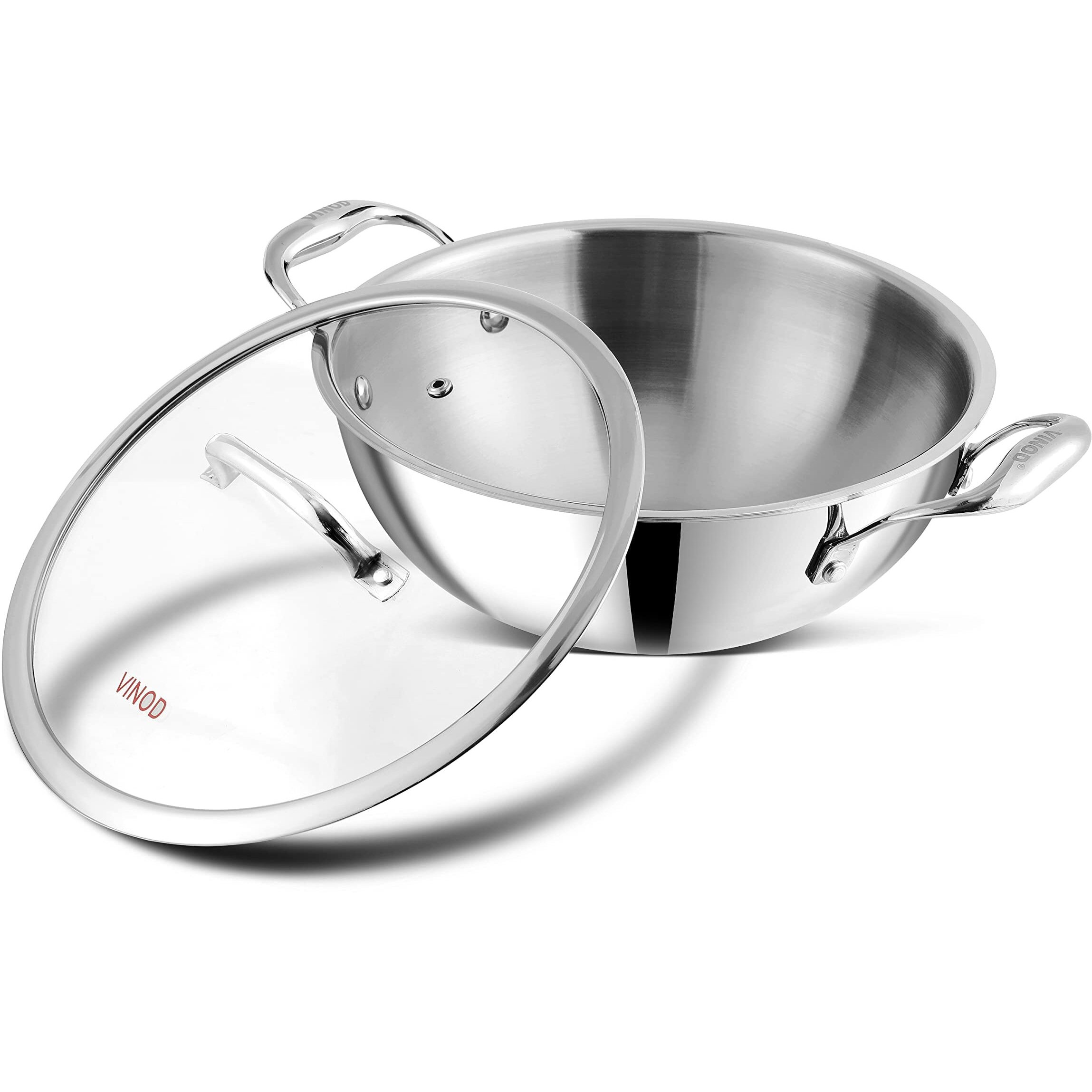 Vinod Platinum Triply Stainless Steel Extra Deep Kadai with Glass Lid 5.5 Litre (30 cm) | 2.5mm Thick | Kadai for Cooking | Heavy Base | Induction & Gas Base | 5 Year Warranty